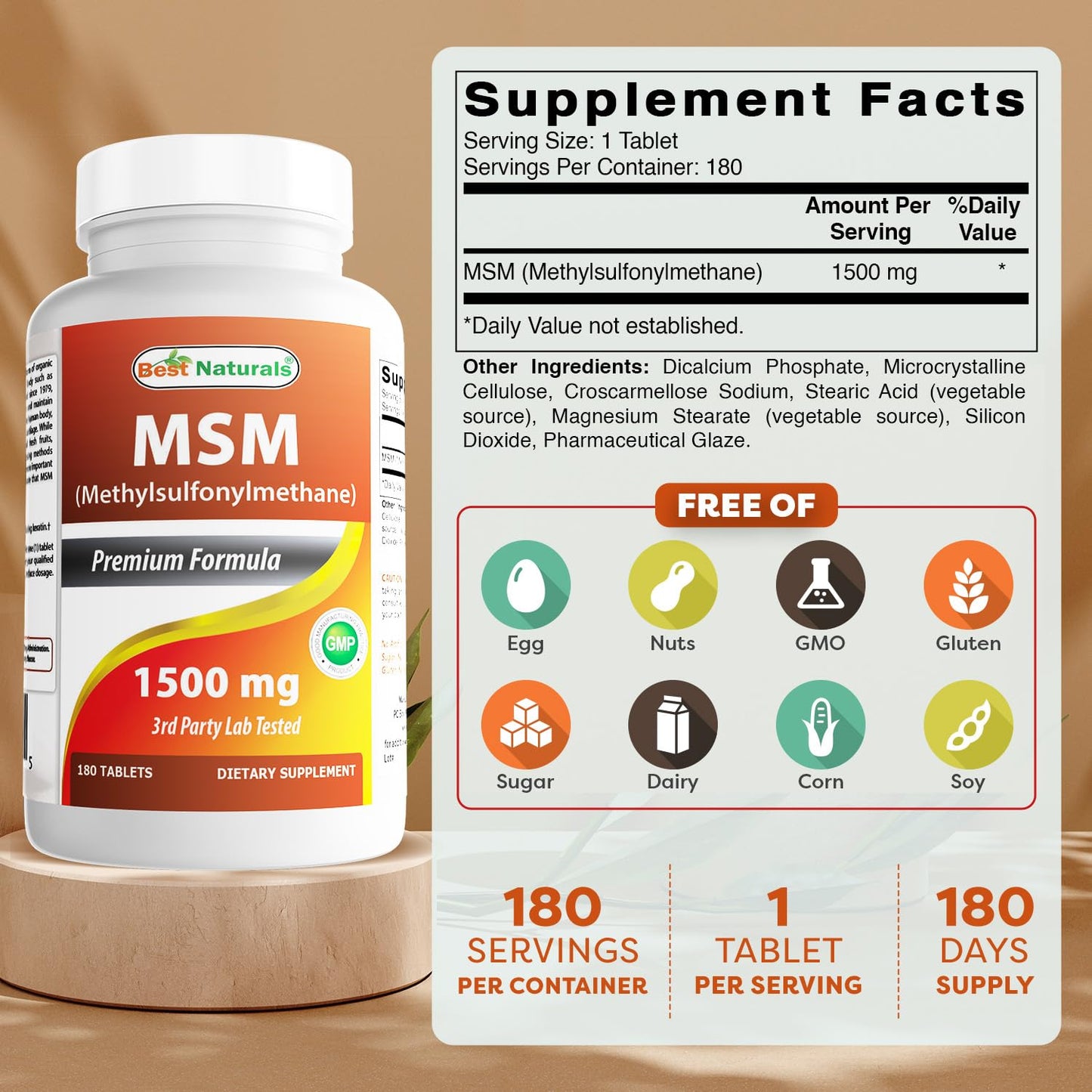 Best Naturals MSM 1500 mg Tablet, 180 Tablets