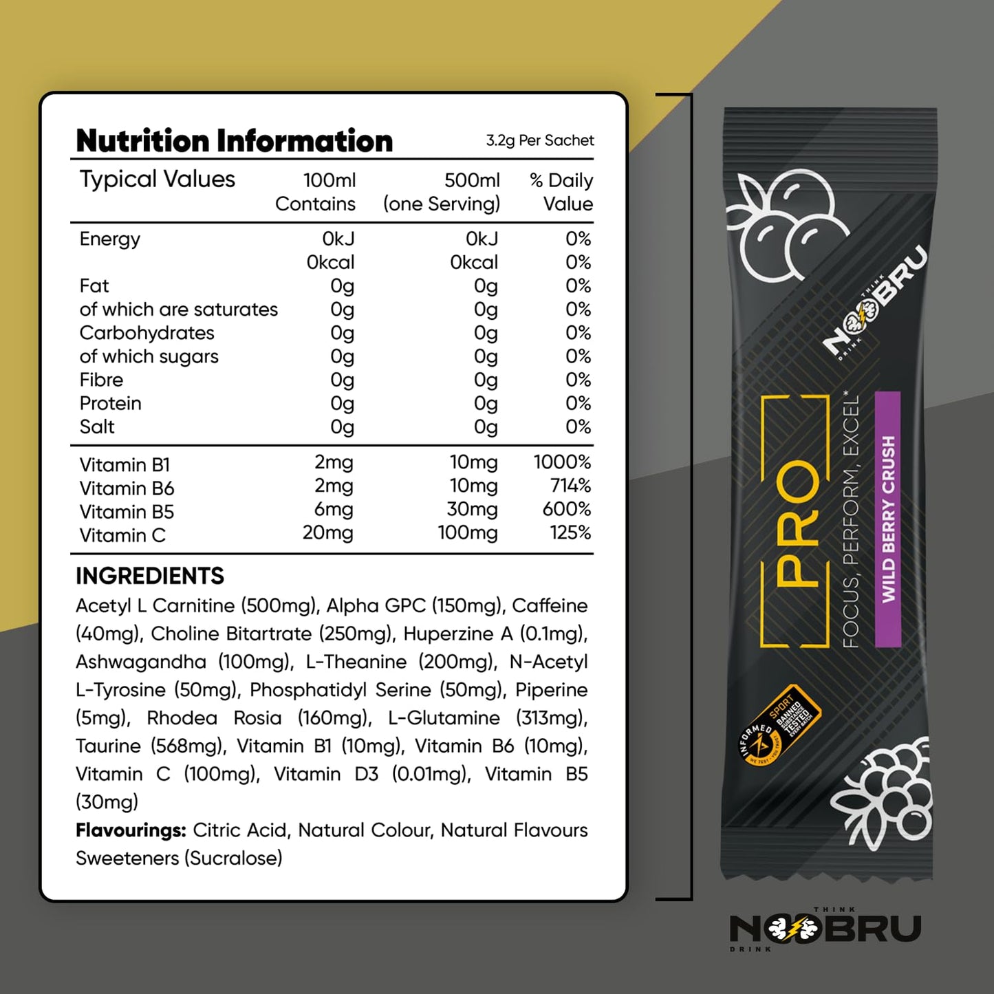 Noobru Pro Brain & Nootropic Supplement Powder, 20 Servings
