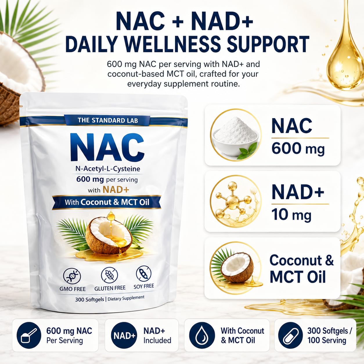 Prspy NAC 600mg with NAD+ Daily Complex N-Acetyl Cysteine Supplement Softgels 300