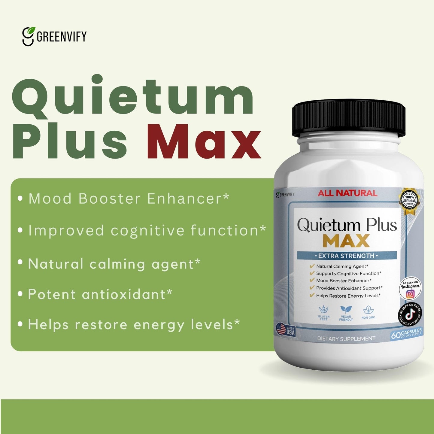 GREENVIFY Quietum Plus Max Extra Strength Natural Calming Supplement 60 Capsules