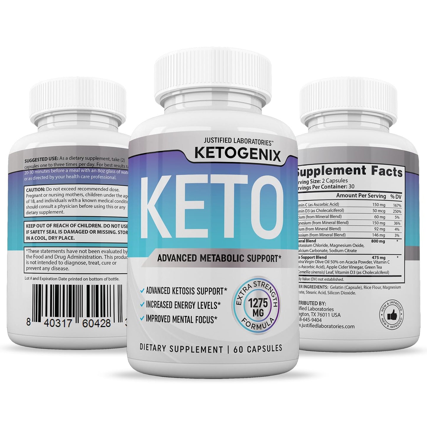 Justified Laboratories Ketogenix Keto Pills 1275MG Capsules, 60 Count