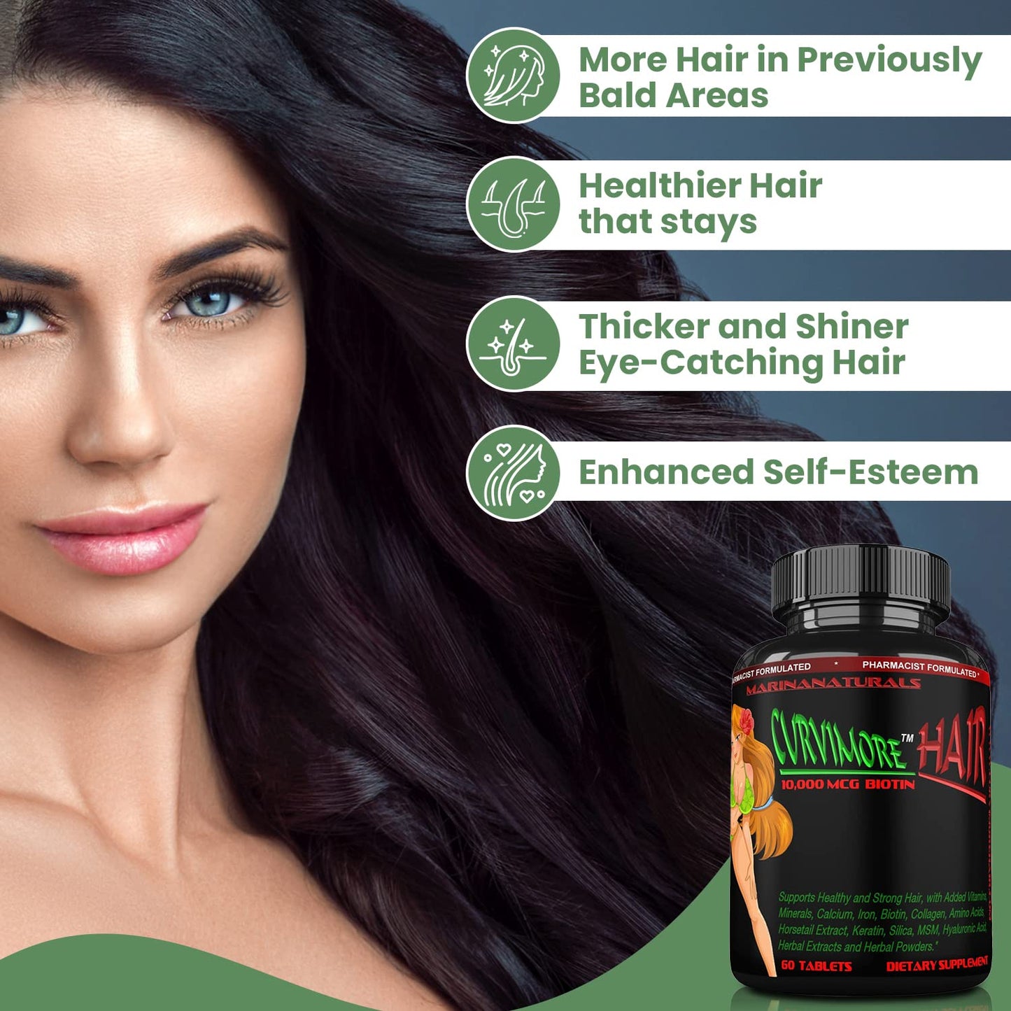 MARINANATURALS CURVIMORE Hair Growth, Hair Loss Mixture, 60 Tablets