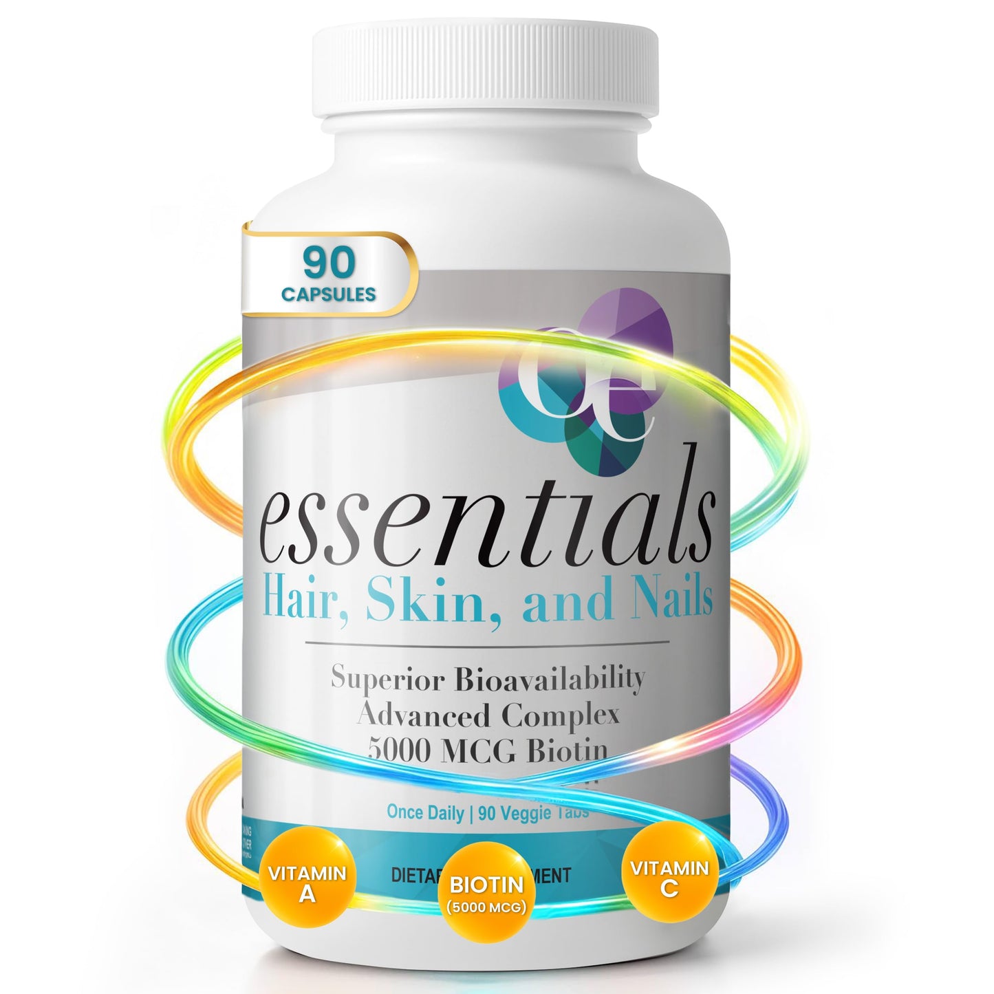 Organic Excellence Hair, Skin and Nails Vitamins for Women & Men – Biotin Supplement 5000 mcg with Hyaluronic Acid, Tablets, 90