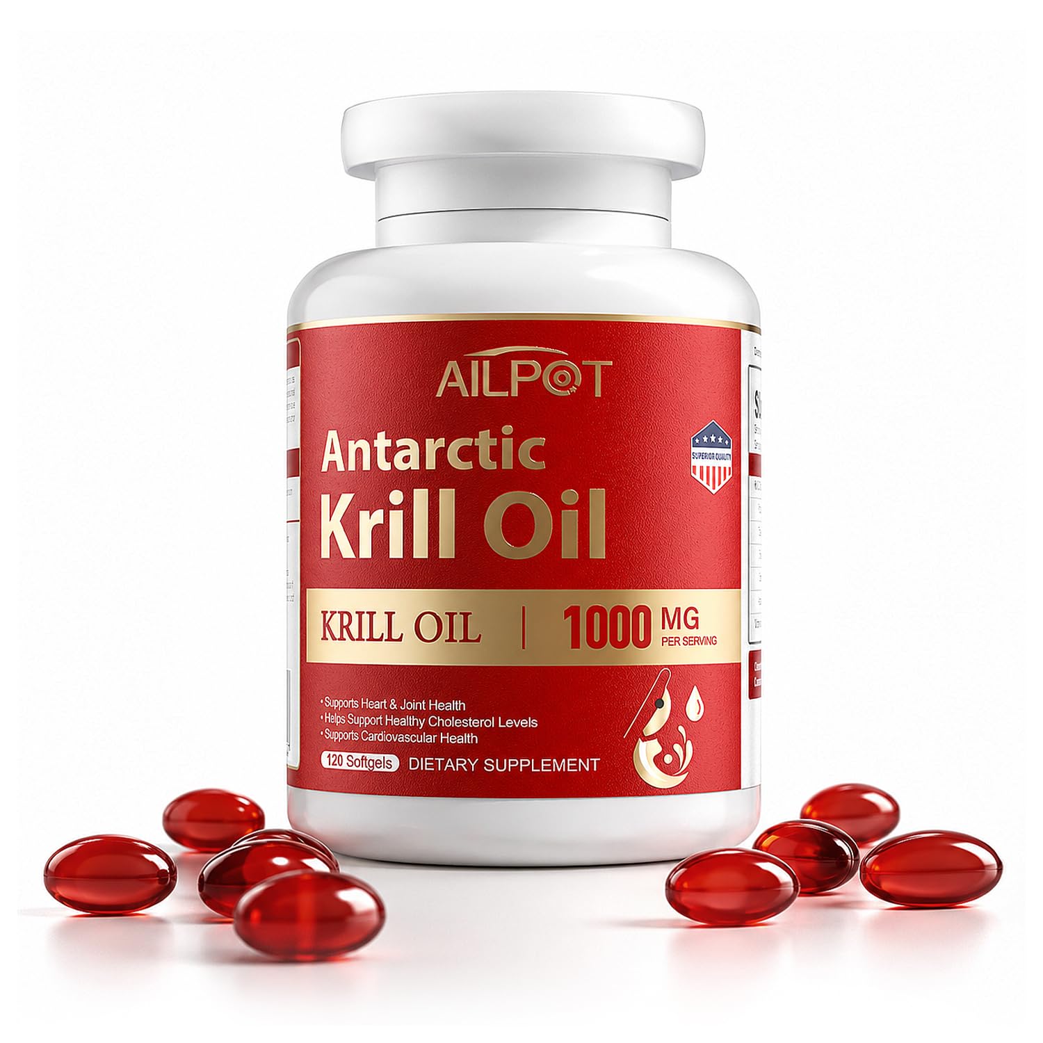 AILPOT Antarctic Krill Oil 1000mg Omega-3 Supplement with EPA, DHA High Absorption Softgel, 120 Count
