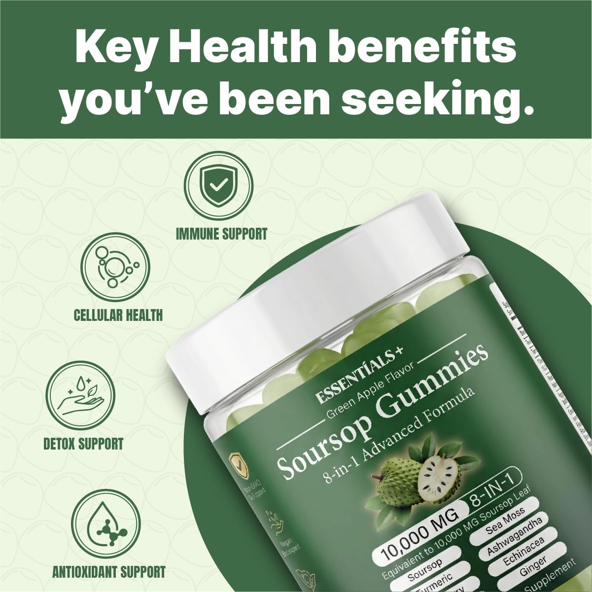 Essentials+ Soursop Gummies with Sea Moss & Elderberry, Green Apple, 60 Gummies