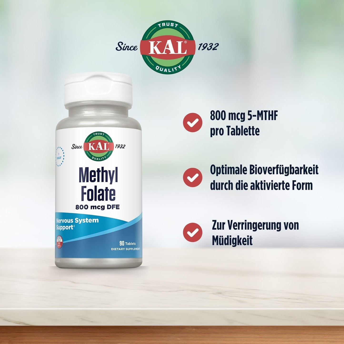 KAL Methyl Folate 800 mcg Tablets, 90 Count