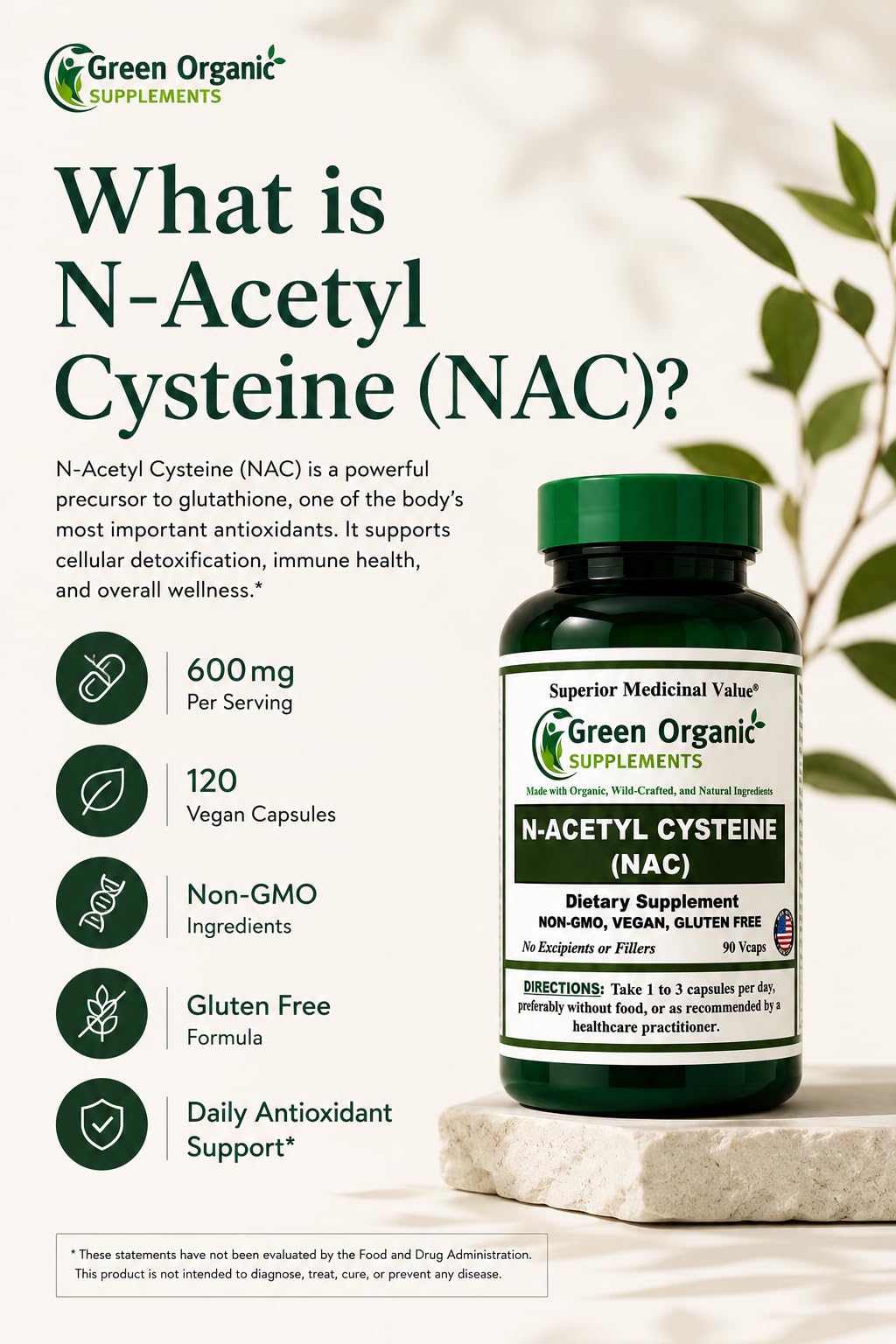 Green Organic Supplements N-Acetyl Cysteine (NAC) Capsules 180