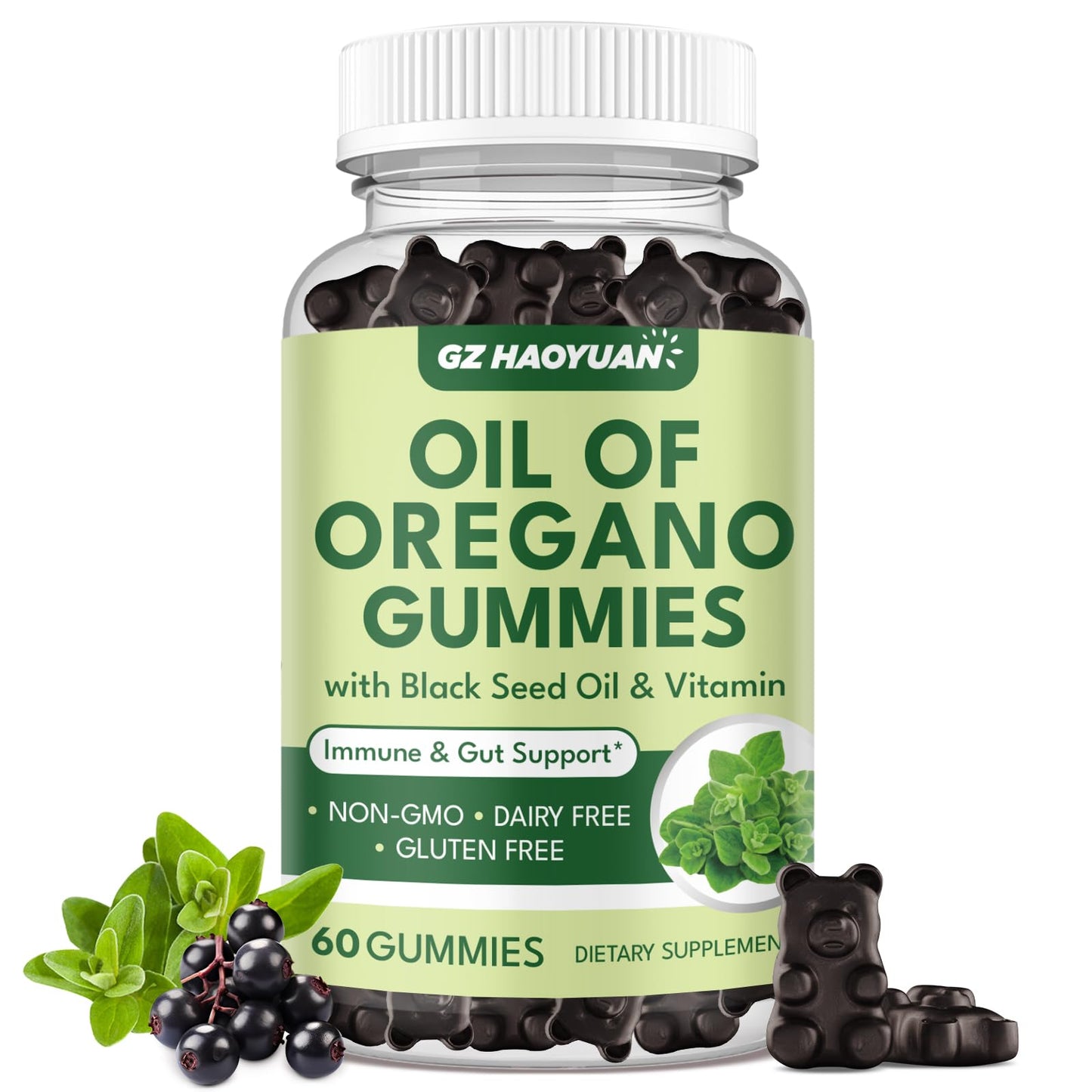 GZ HAOYUAN Oil of Oregano Gummies with Black Seed Oil + Vitamin D3, Organic High Carvacrol, Immune & Digestive Support, 60 Gummies