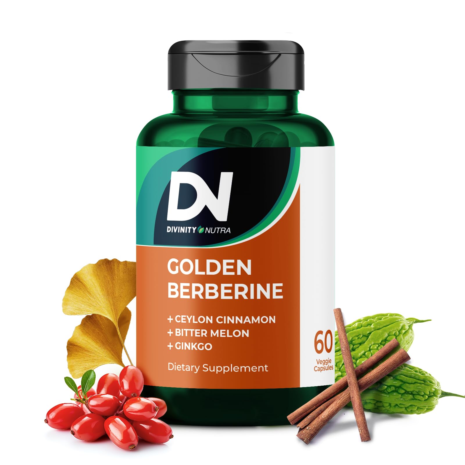 Divinity Nutra 4-in-1 Golden Berberine Supplement with Ceylon Cinnamon, Bitter Melon & Ginkgo Capsules, 60 Count