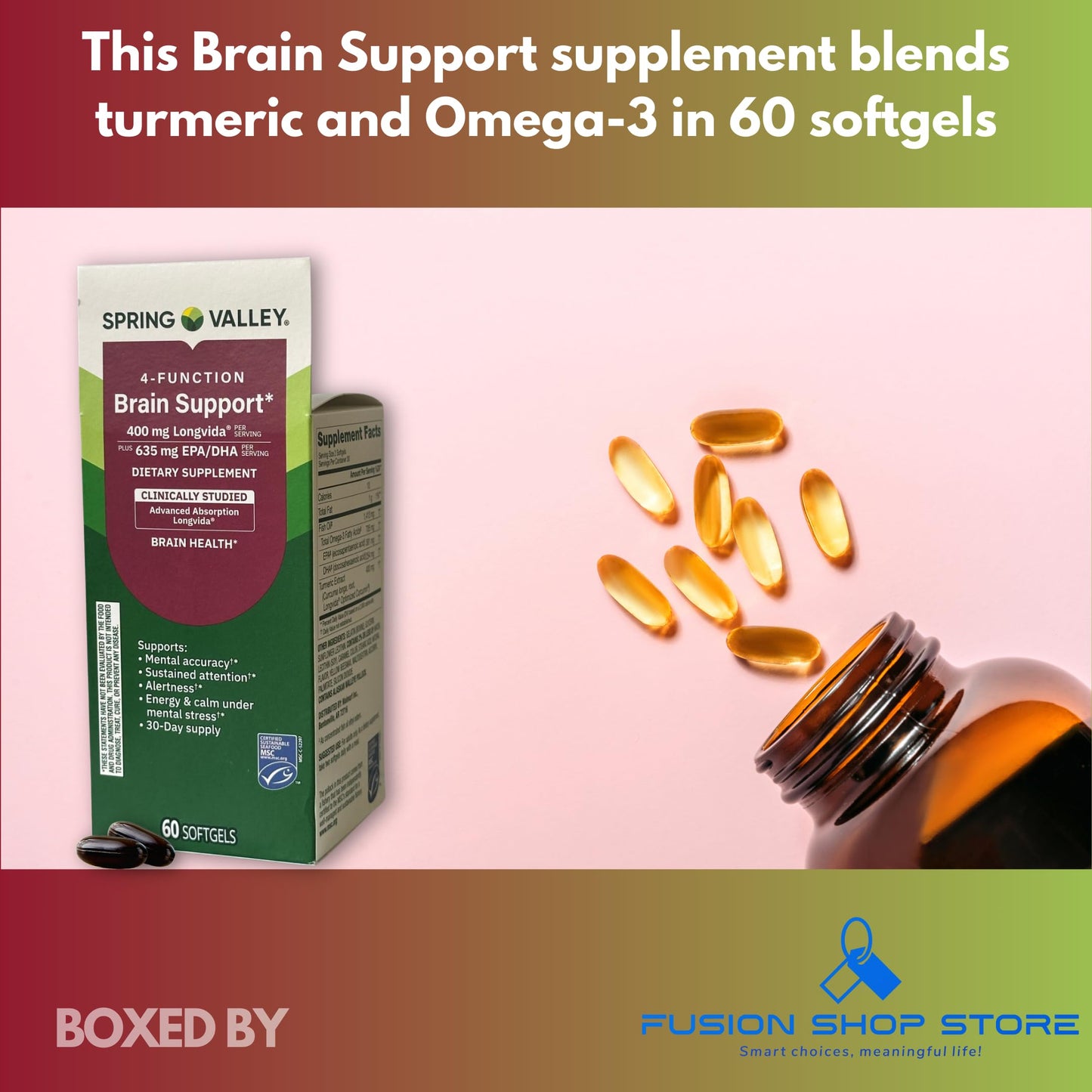 Fusion Shop Store Brain Support 4 Function- Supplement with Omega 3 Turmeric Softgels, 60 Count