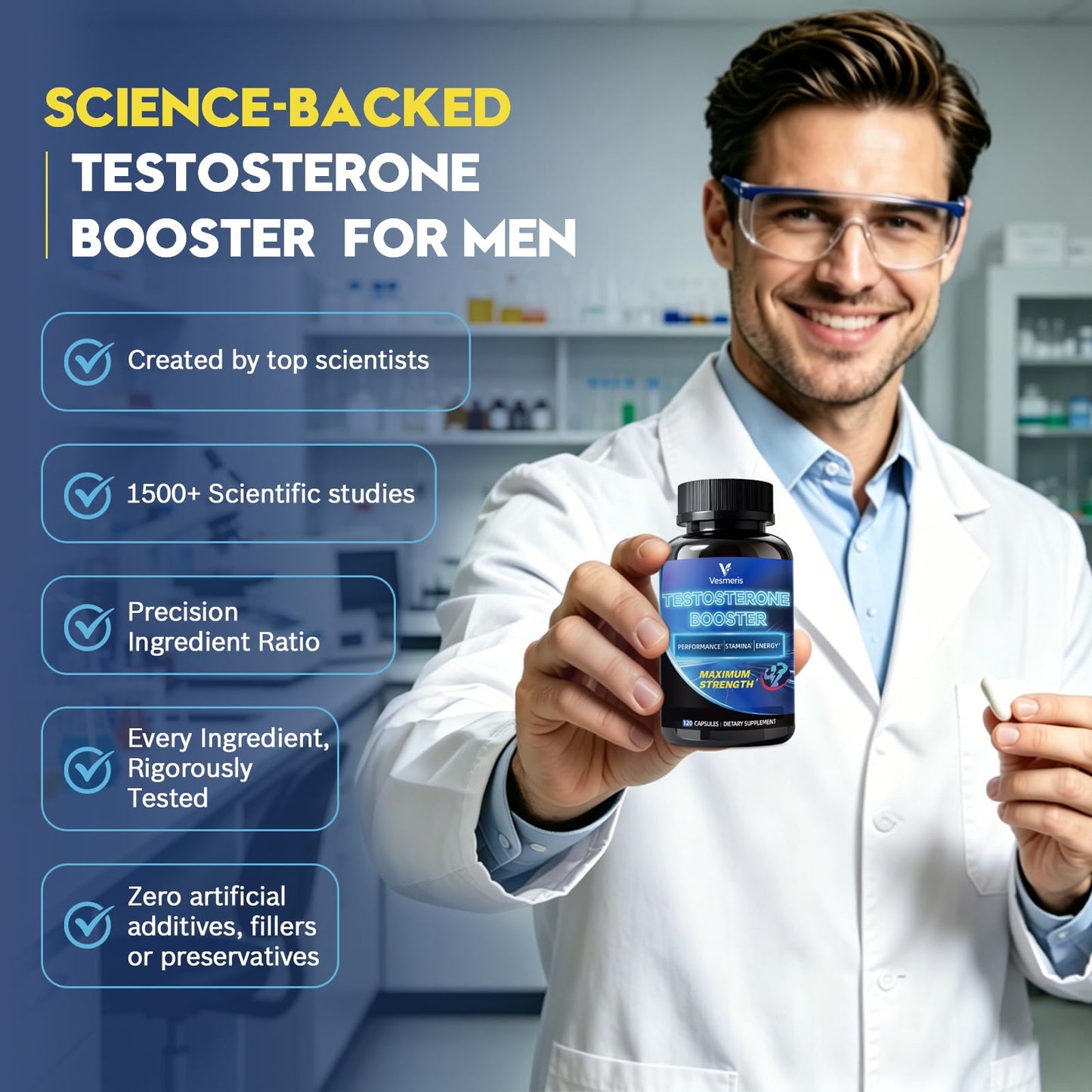 Vesmeris Testosterone Booster for Men - 16-in-1 Complex Male Enhancing Supplement - Tongkat Ali, Fenugreek, Horny Goat Weed - Natural Workout Supplement for Energy, Stamina, Muscle, Strength & Drive - 120 Capsules