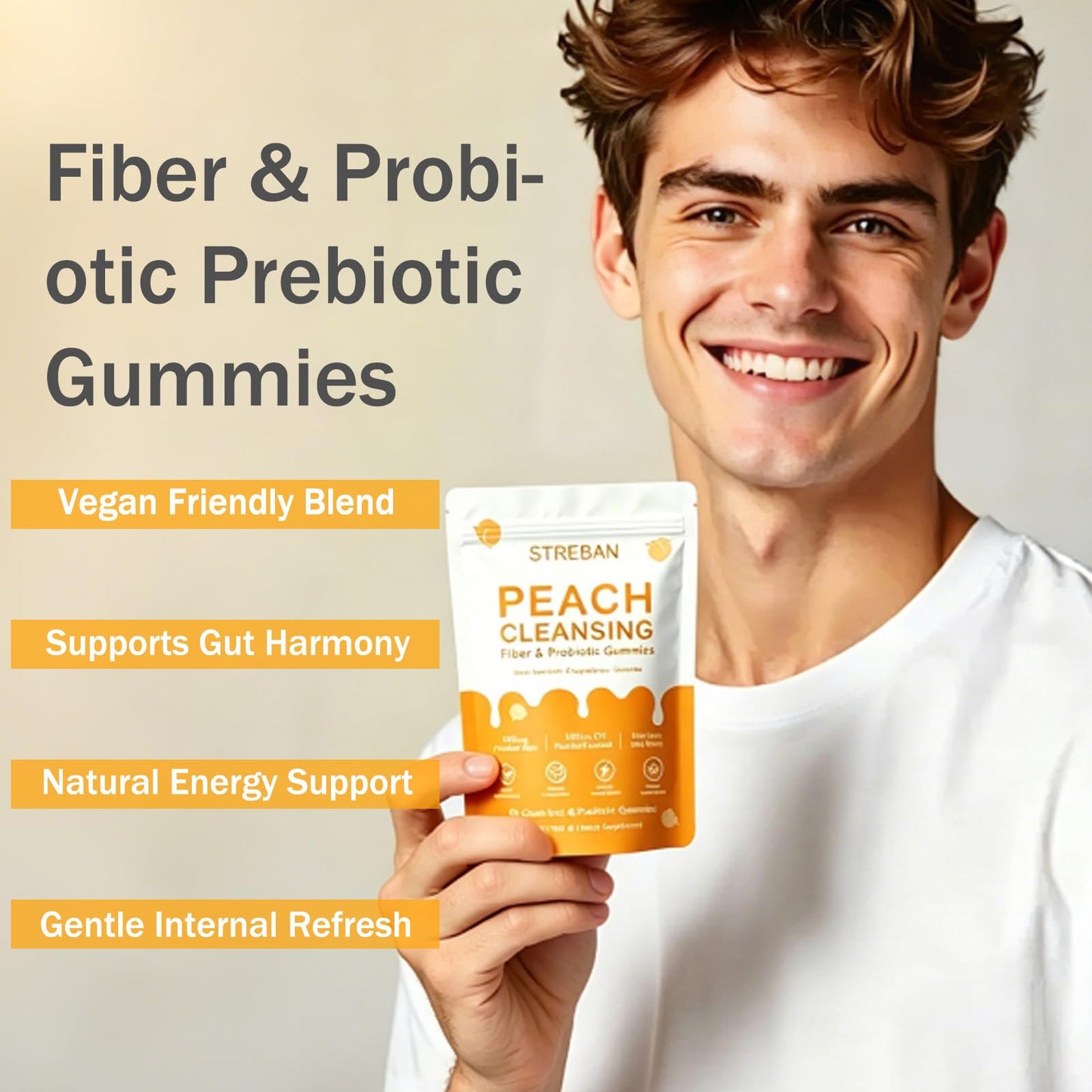 STREBAN Peach Pre+Probiotic Fiber Clean Gummies for Men, 60 Count