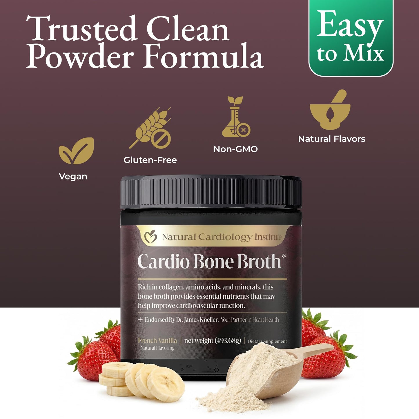 Natural Cardiology Institute Cardio Bone Broth Protein Powder with Collagen Peptides, Vanilla Flavored, 17.4 oz