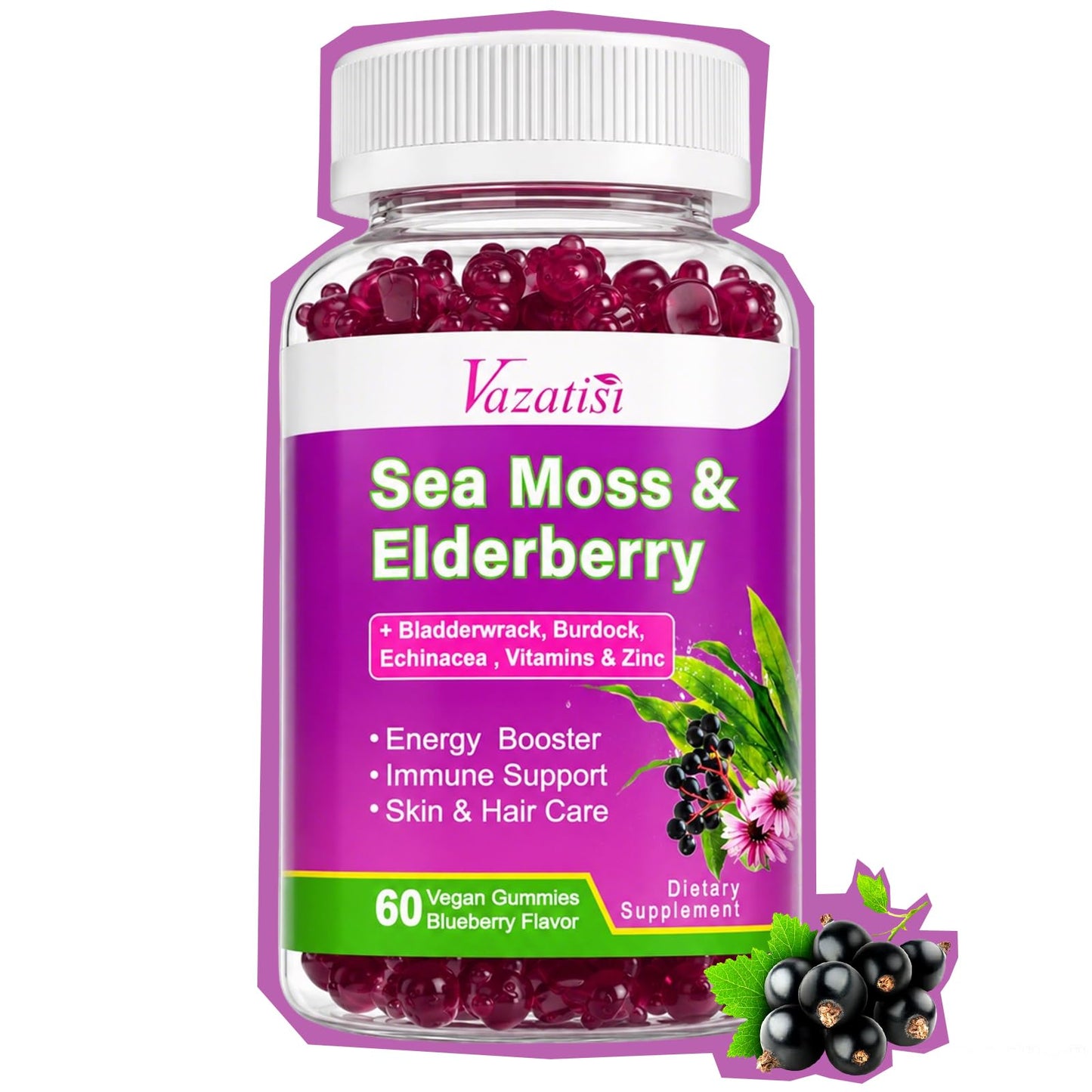 Vazatisi Elderberry Gummies with Sea Moss, Bladderwrack, Burdock, Echinacea, Apple Cider Vinegar, Chlorophyll, Vitamin C, D & Zinc, Blueberry Flavor, 60 Gummies