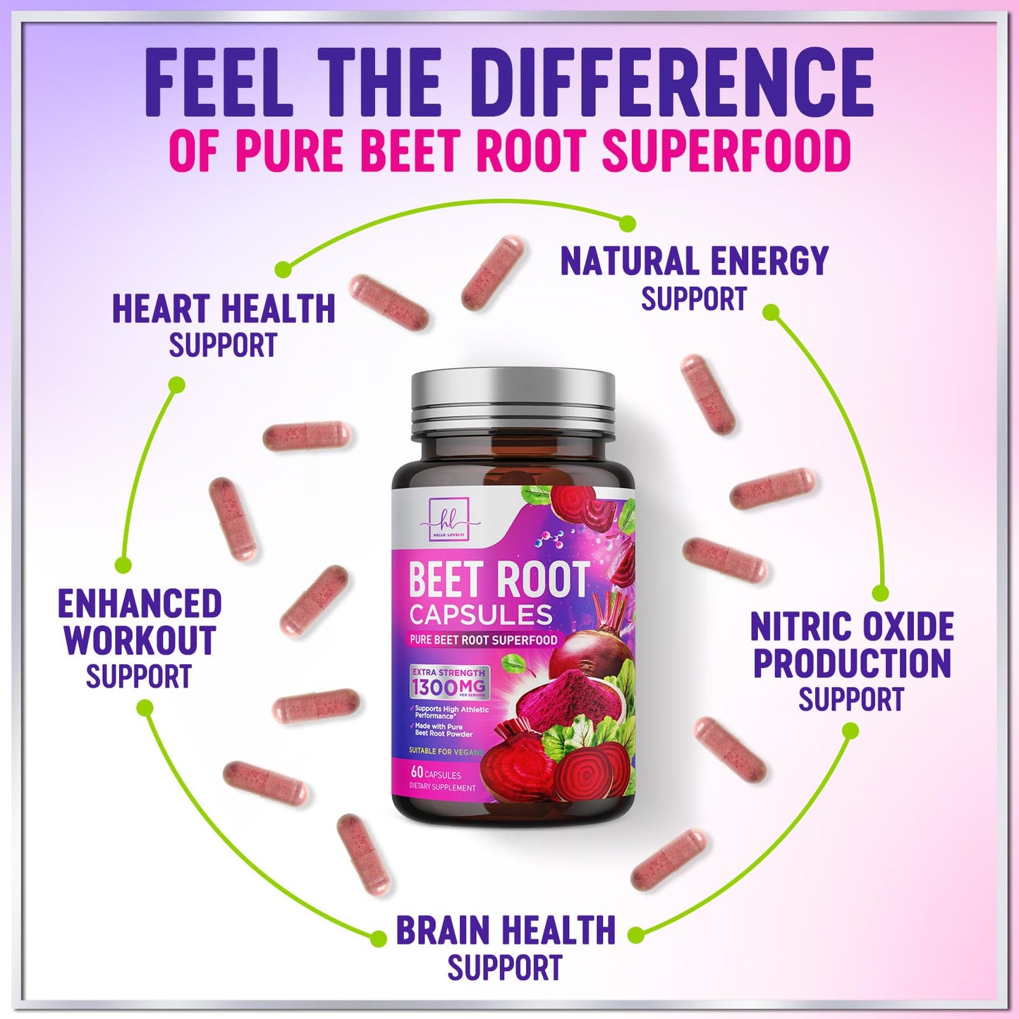 Hello Lovely! Organic Beet Root 1300mg Per Serving - Extra Strength Beetroot Supplement, Supports Athletic Performance, Vitality & Immune System, Best Beet Root Powder, Non-GMO, Bottled USA, 60 Capsules