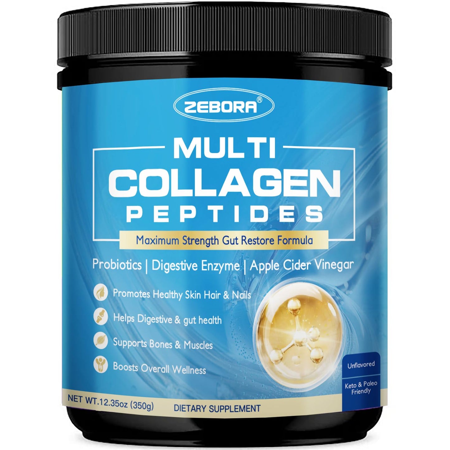 ZEBORA Multi Collagen Peptides Powder with Probiotic for Gut Health, Hydrolyzed Collagen with Digestive Enzymes, Prebiotics for Women, Support Digestive Health, Skin, Hair, Joints, Non-GMO, 12.35 Ounce