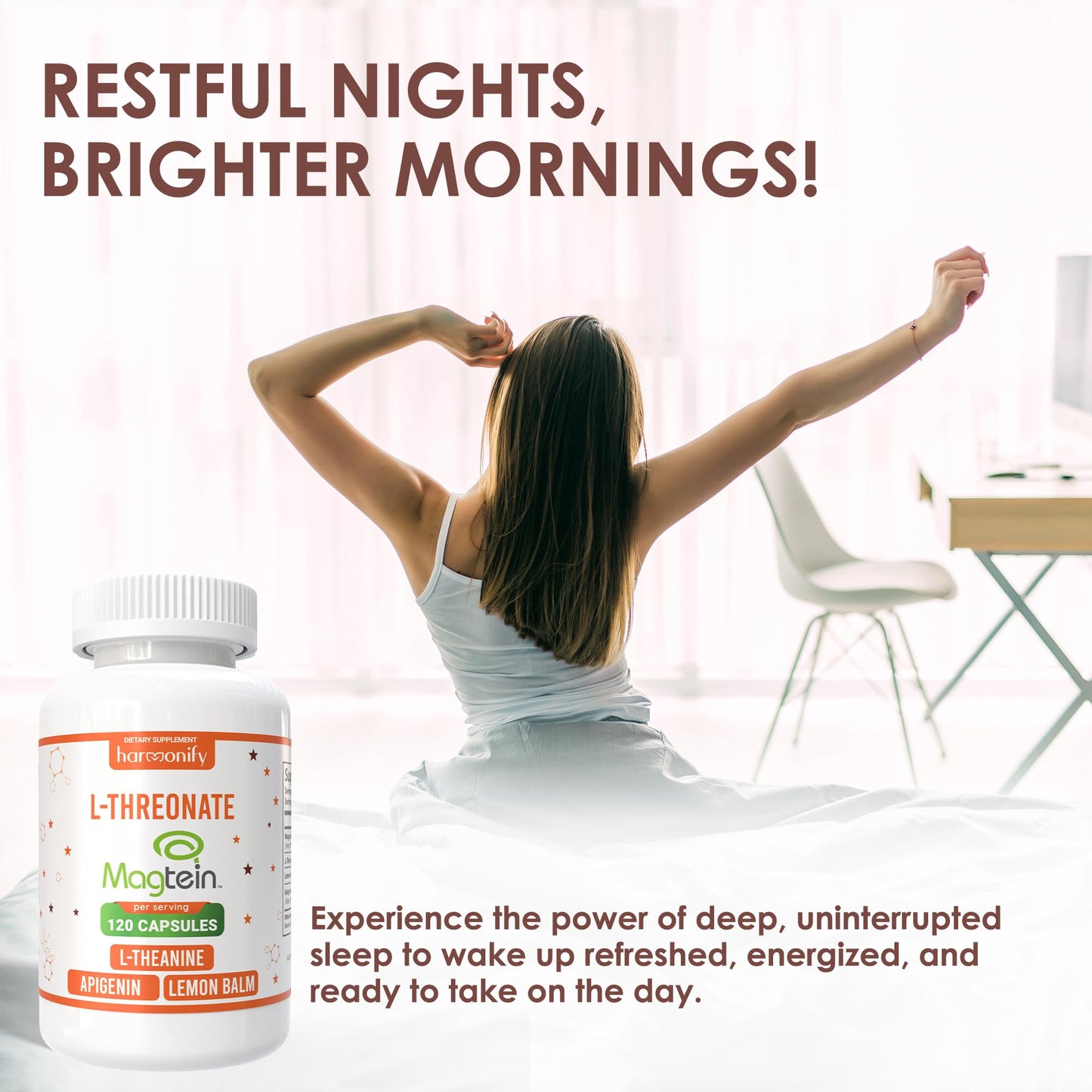 HARMONIFY Magtein Magnesium L-Threonate Supplement with L-Theanine, Lemon Balm and Apigenin, Capsule, 120 Count