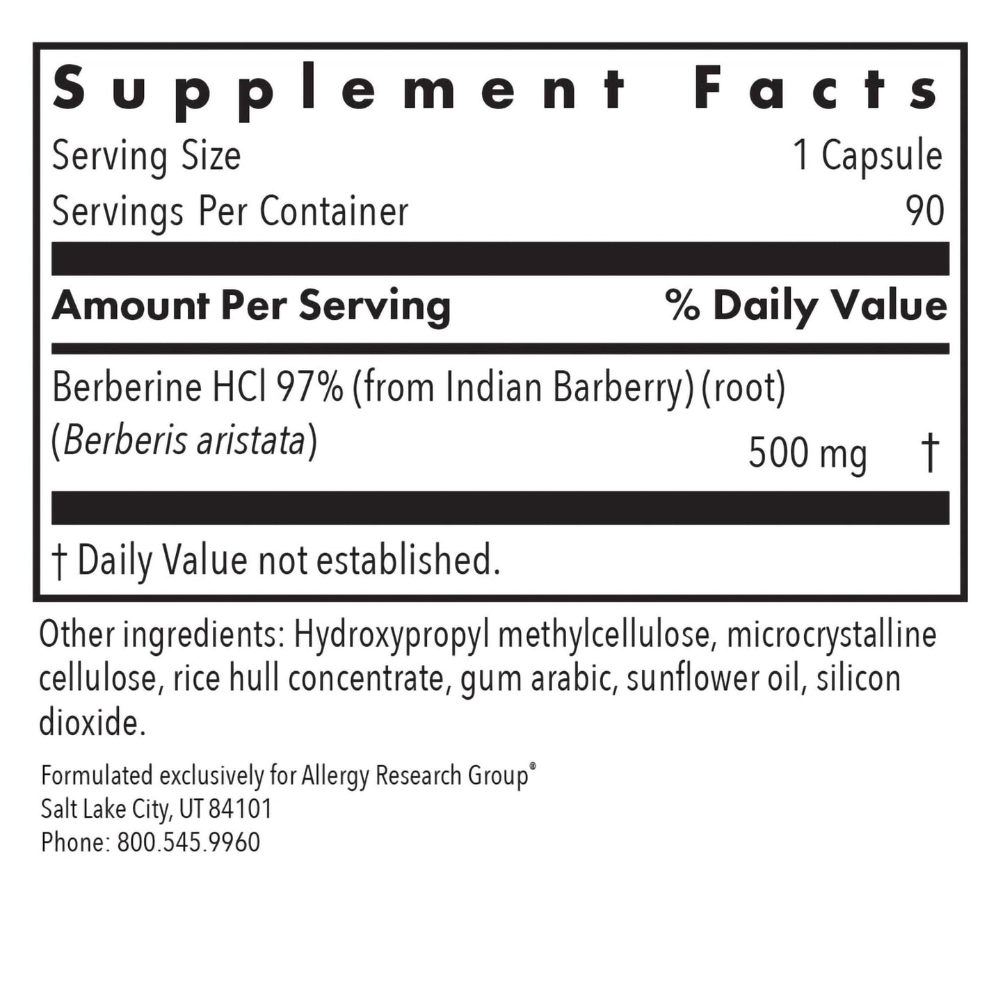 Allergy Research Group Berberine 500 HCl Capsule, 90 Capsules