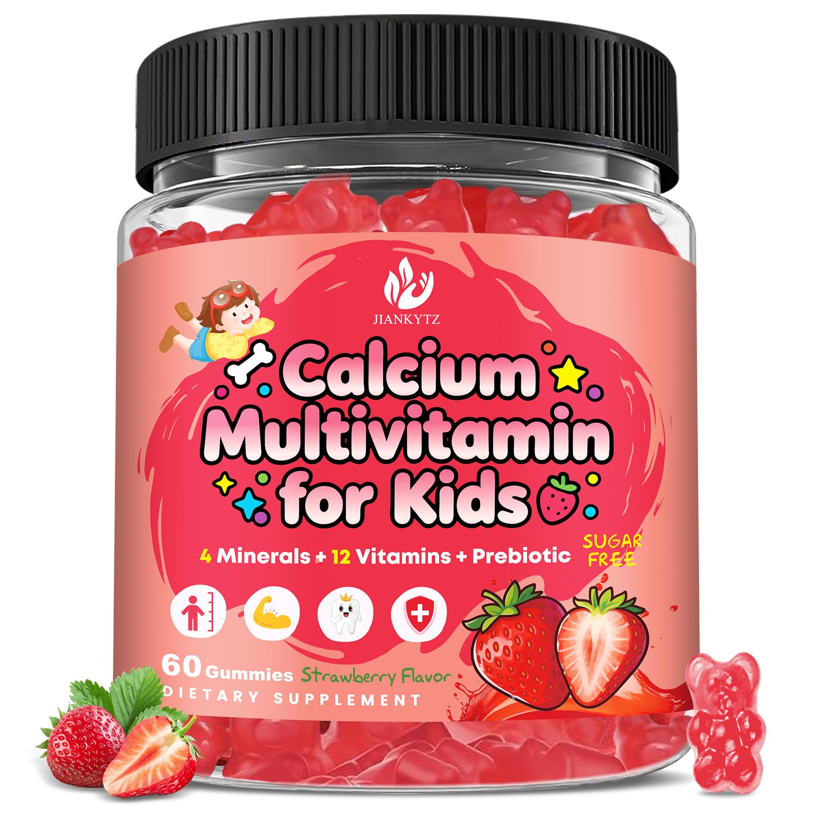 JIANKYTZ Calcium Multivitamin Gummies for Kids with Methyl B12 & Methylfolate, Vitamins C, D, A, B1, B2, B6, Biotin, Magnesium, Zinc, Immune & Bone Support, 60 Gummies