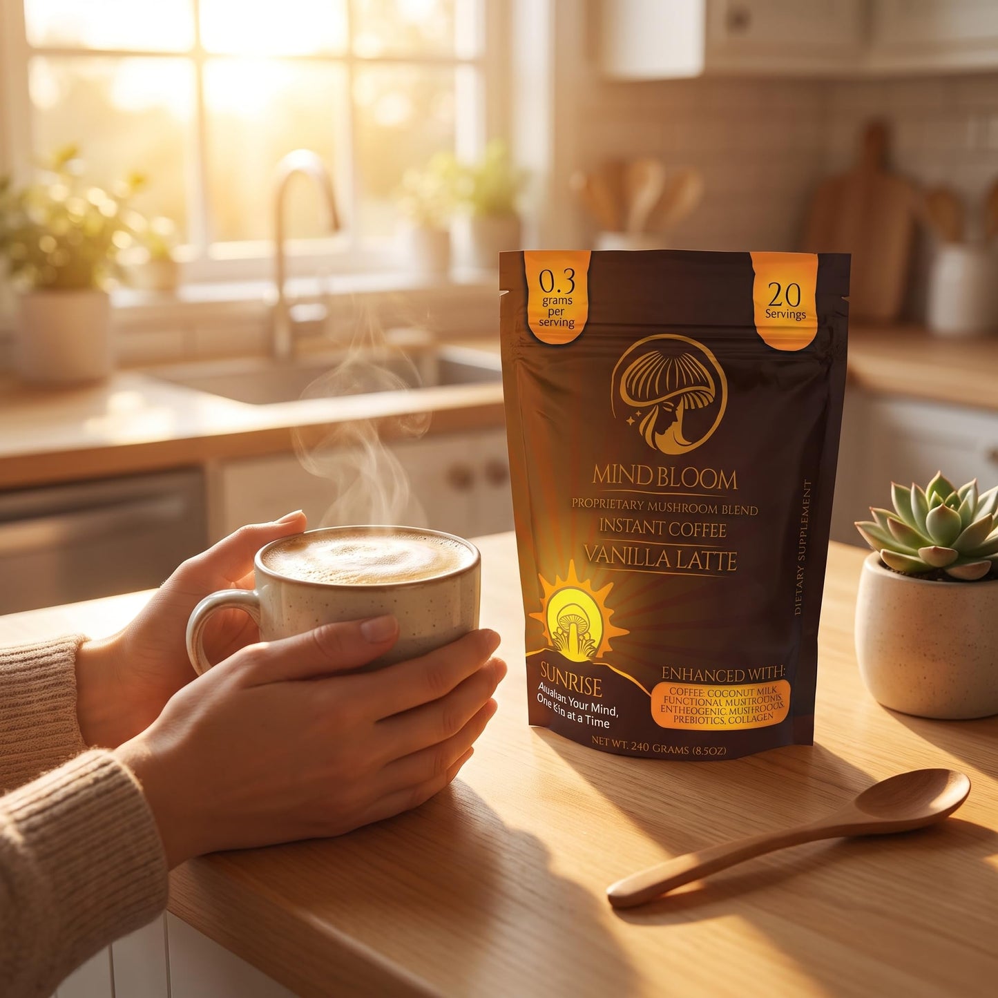Mind Bloom Sunrise Vanilla Latte Instant Coffee with Proprietary Mushroom Blend, Powder, 8.5 oz