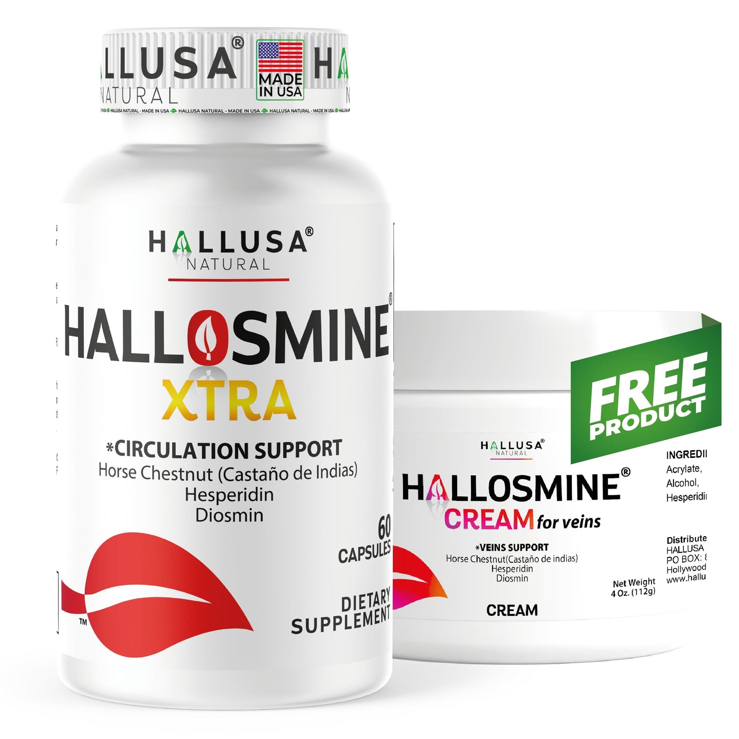 Hallusa Natural Hallosmine Xtra 850mg, Diosmin, Hesperidin & Horse Chestnut, Leg Circulation & Vein Support, Varicose Veins, Hemorrhoids, Lymphatic Drainage, 60 Capsules