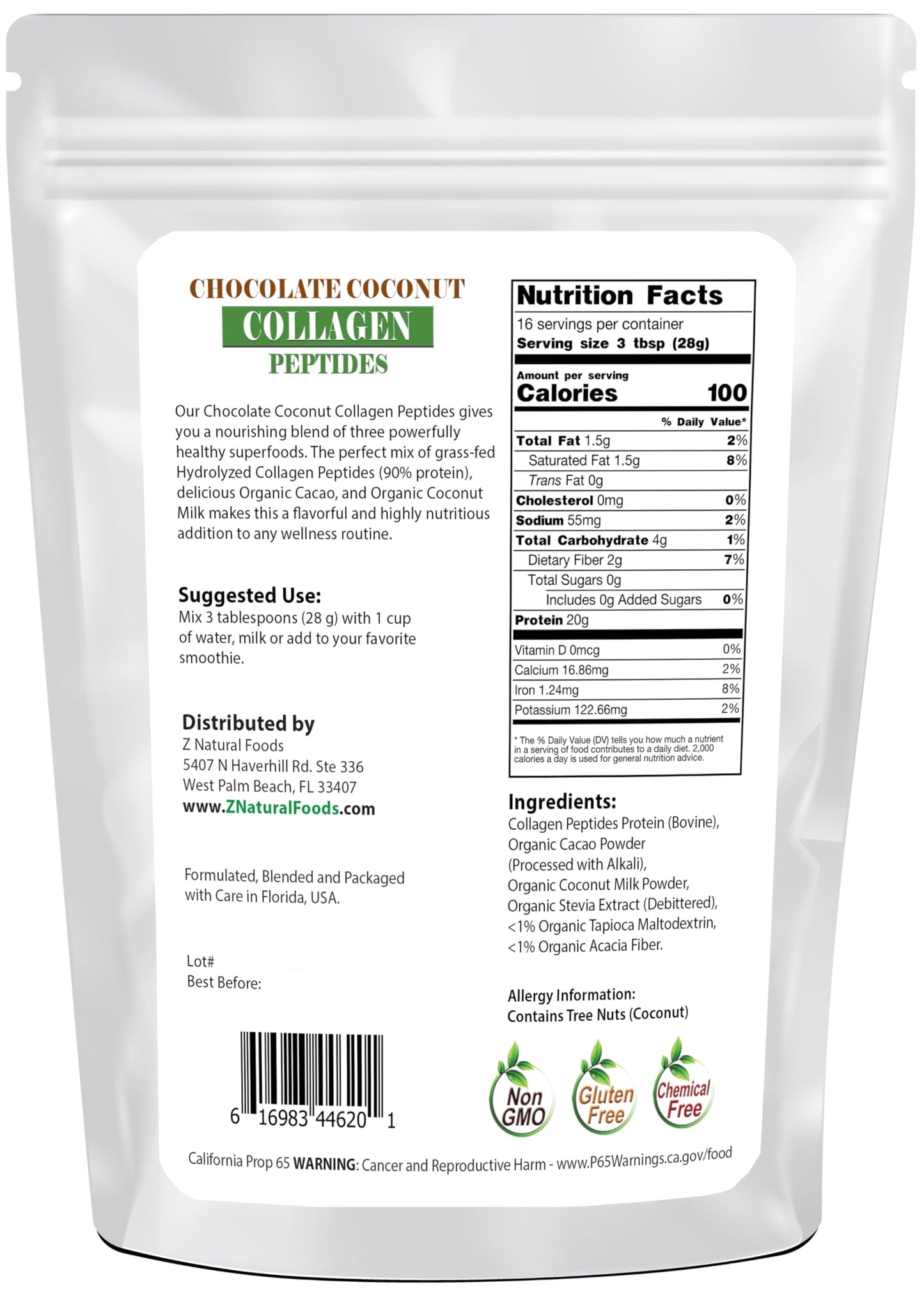 Z Natural Foods Chocolate Collagen Peptides with Coconut Milk Powder 16