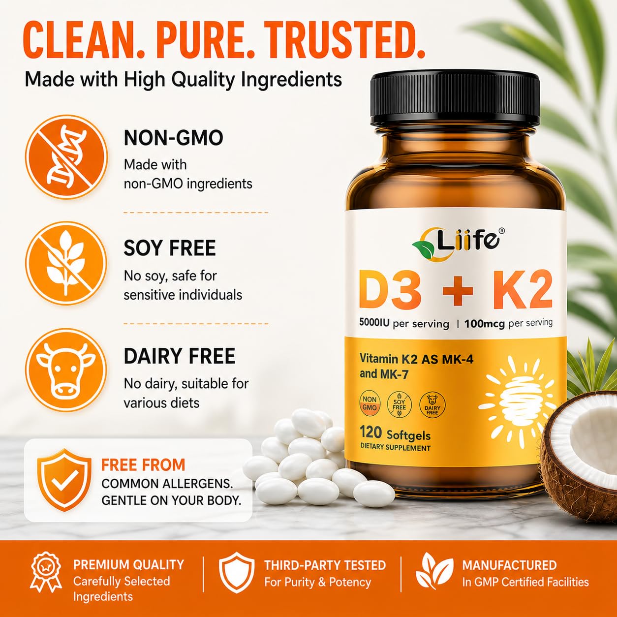 LIIFE Vitamin D3 + K2 (5000 IU D3 / 100mcg MK7 and MK4) Supplement for Immune Support, Bone & Heart Health Softgels, 240
