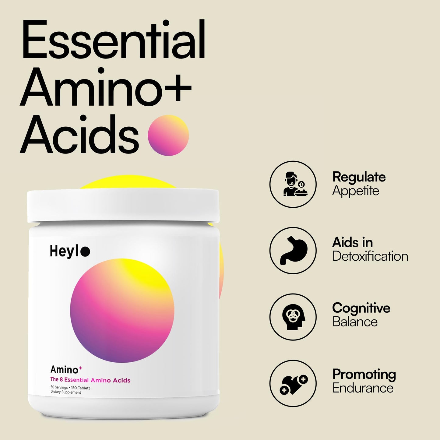 Heylo Health Amino+ Acid Supplement Blend - Essential Amino Acids with BCAAs for Muscle Recovery, Energy, and Protein Synthesis, 150 Tablets
