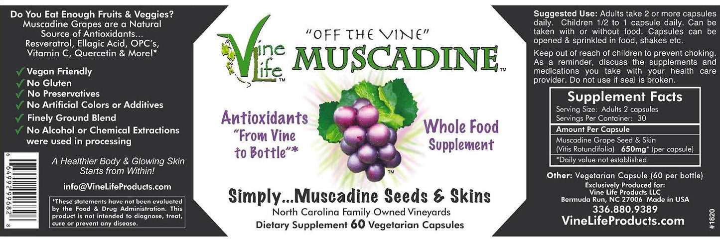 Vine Life Muscadine Grape Seed & Skin 650mg Vegan Capsules 60 Count