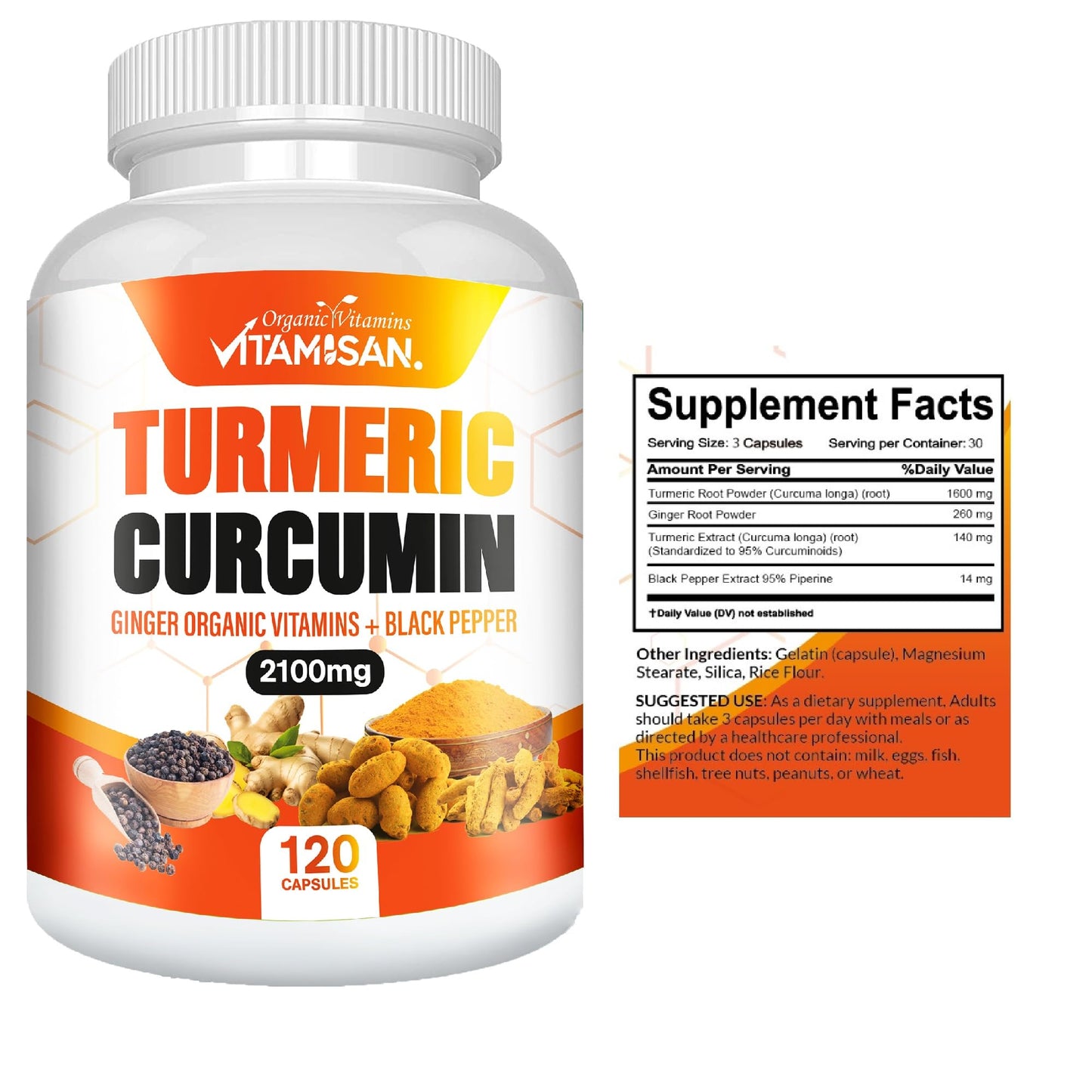 VITAMISAN Turmeric Curcumin 2100mg with Ginger & Black Pepper, 240 Capsules