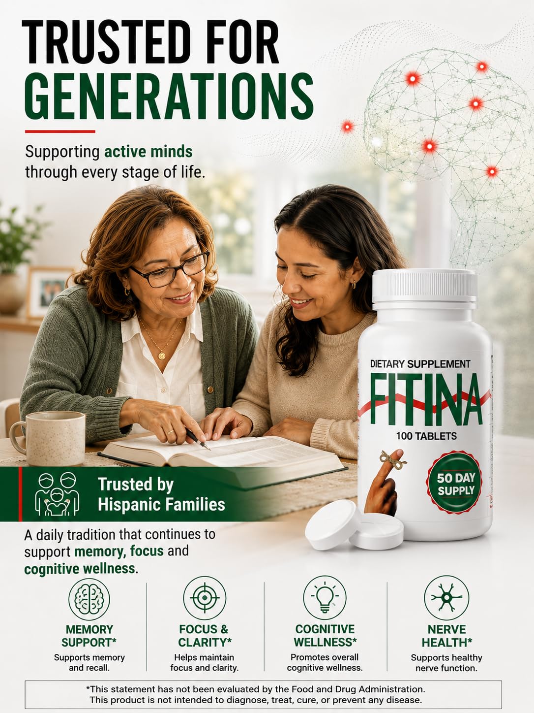 Fitina Brain Supplement with Vitamin B6 & Thiamine for Memory, Focus and Cognitive Support Capsule 100