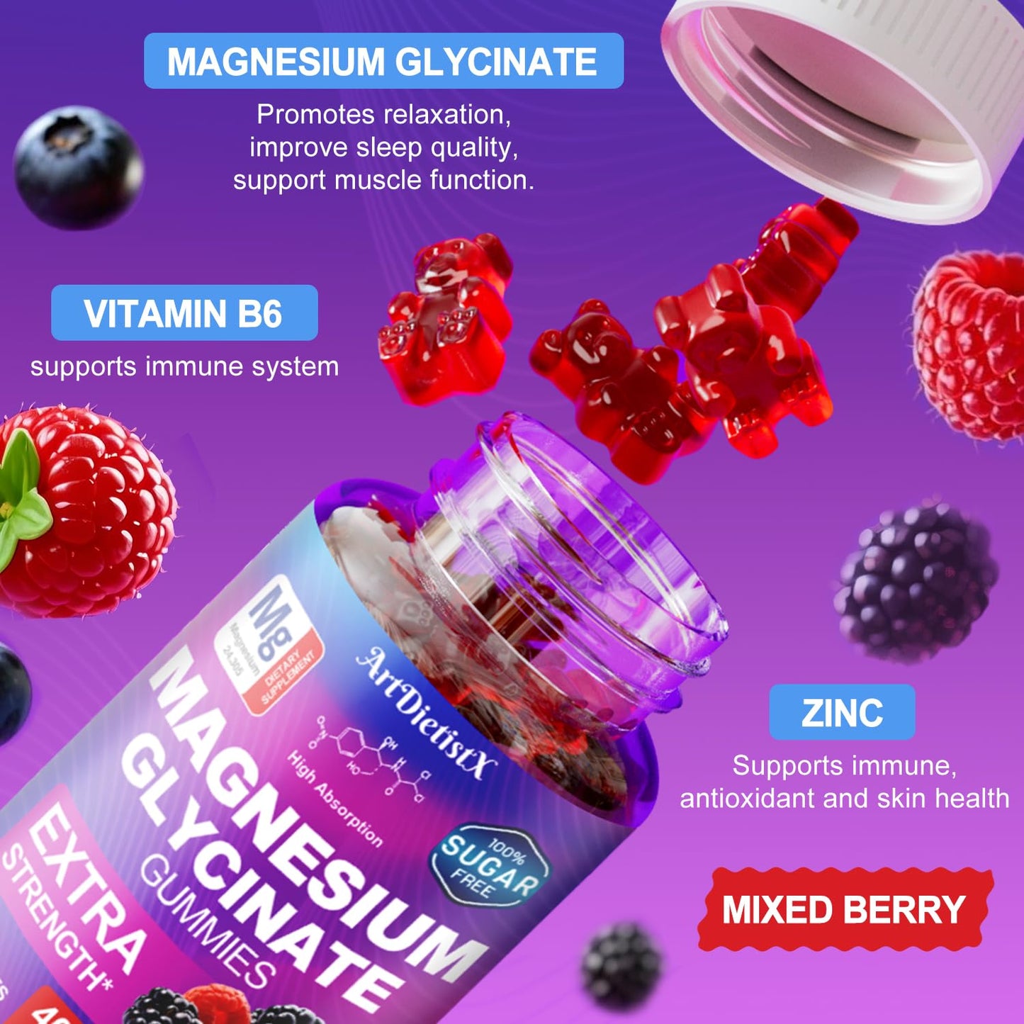 ArtDietistX Magnesium Glycinate Gummies 400mg, Sugar Free with Magnesium Malate, Zinc, and Vitamin B6 for Sleep and Relaxation, Non-GMO, 120 Gummies