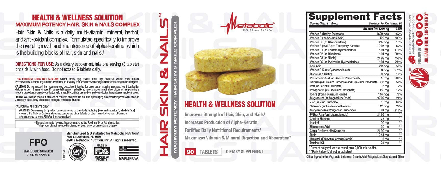 Metabolic Nutrition Hair Skin & Nails Maximum Potency Health and Wellness Solution 90 Tablets