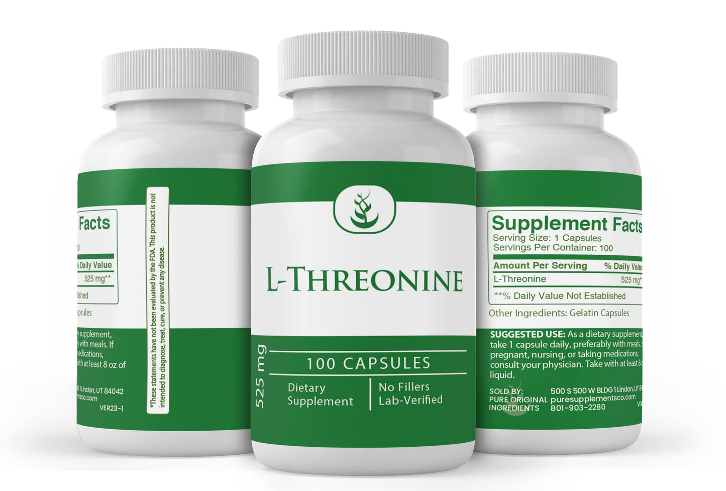 PURE ORIGINAL INGREDIENTS L-Threonine Capsules, 100 Capsules