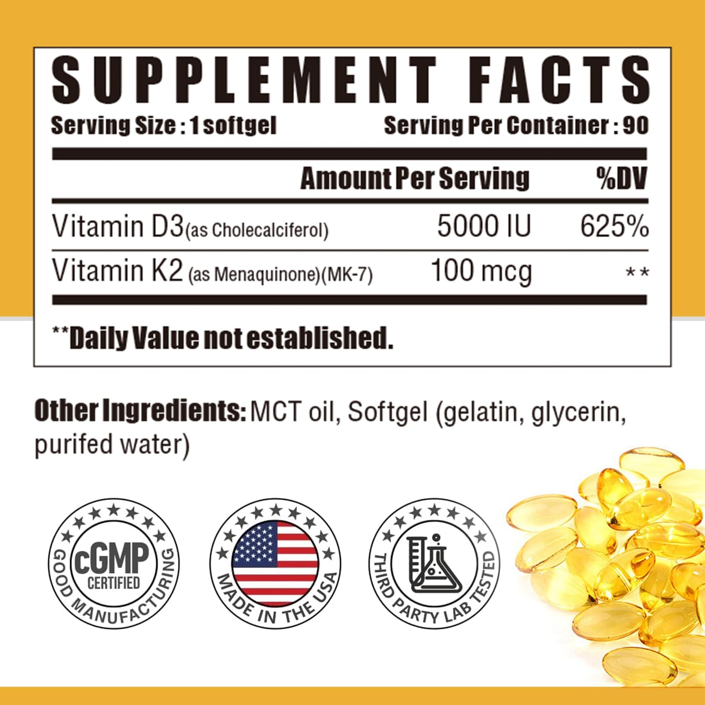 NUTRI POTENTIA Vitamin D3 K2 Supplement with MCT Oil Softgel 90 Count