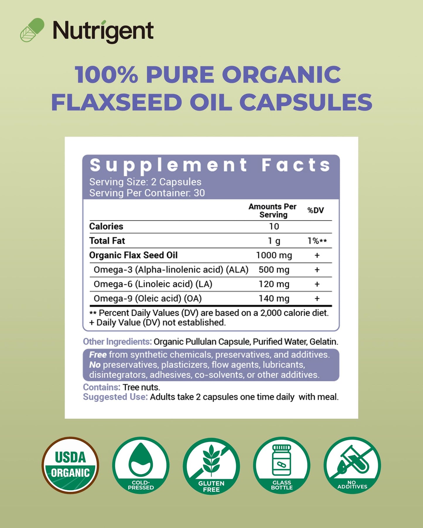 Nutrigent USDA Organic Flaxseed Oil 1000mg Plant-Based Liquid Capsules, 60 Capsules