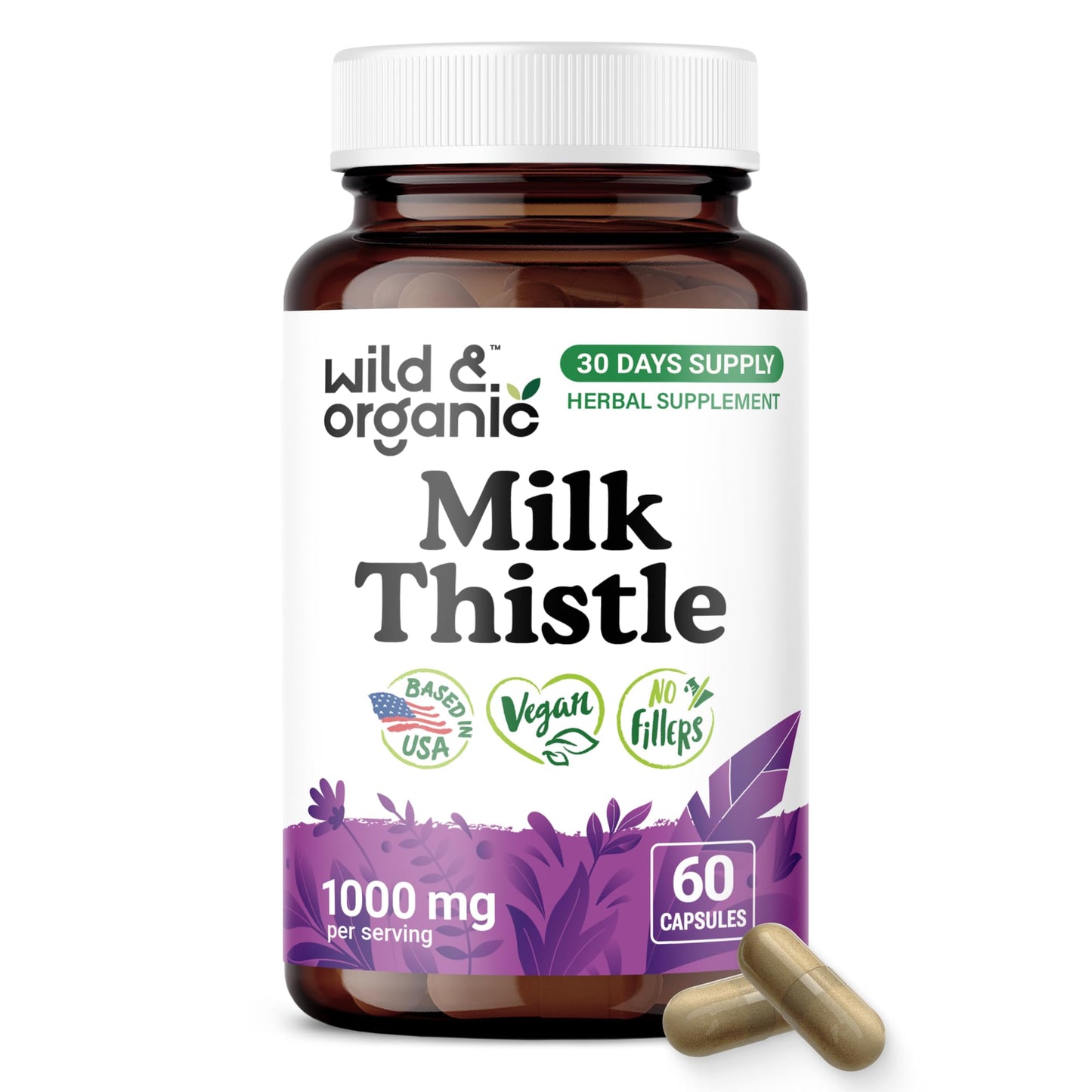 Wild & Organic Milk Thistle 1000mg Capsules, 60 Count
