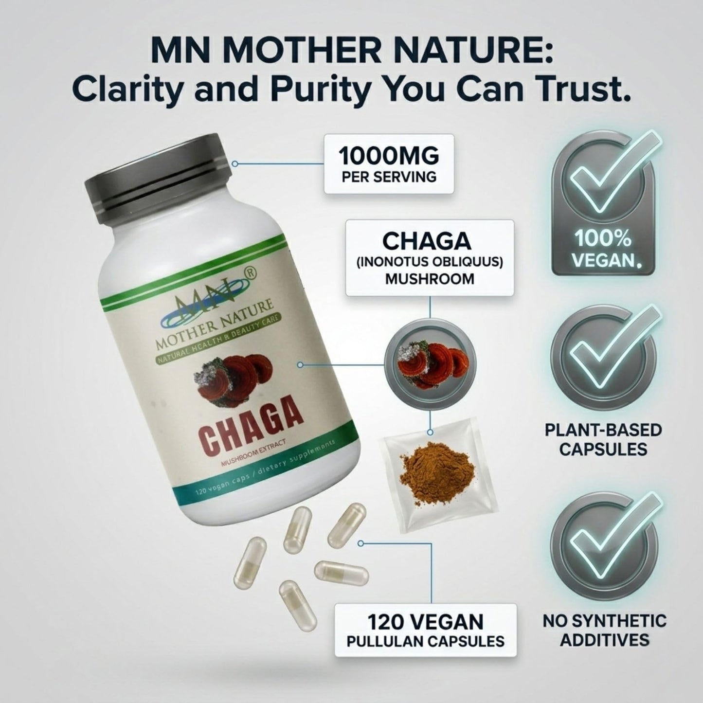 Mn Mother Nature Inc Chaga Mushroom Extract Supplement 1000mg Inonotus Obliquus Fruiting Body Capsules 120 Count