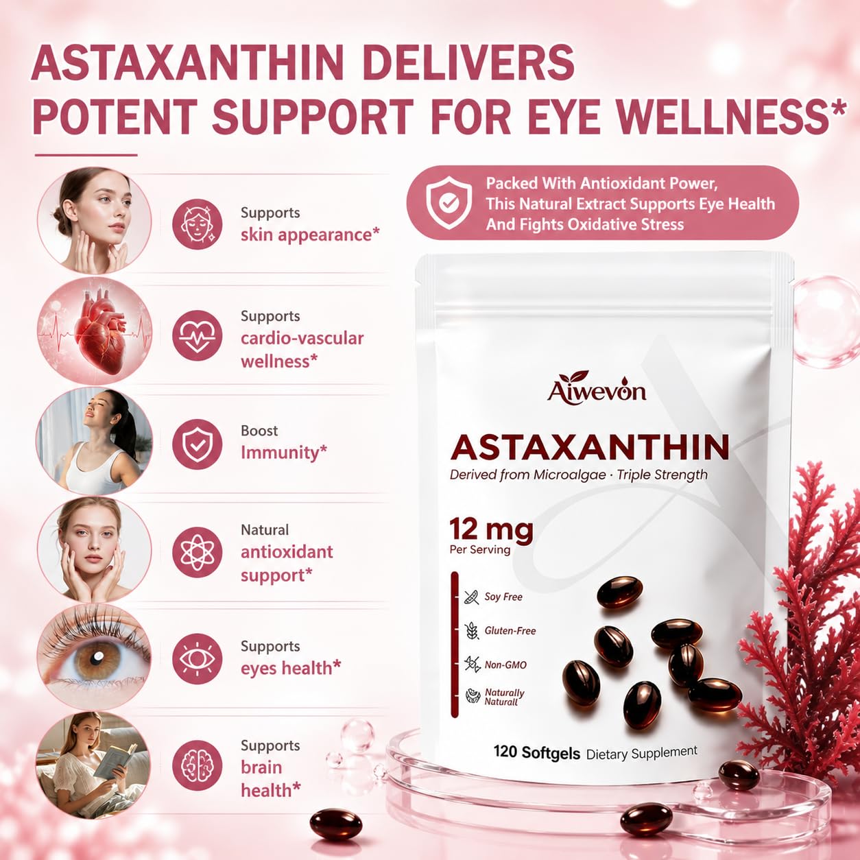 Aiwevon High Potency Astaxanthin 12mg Softgels 120