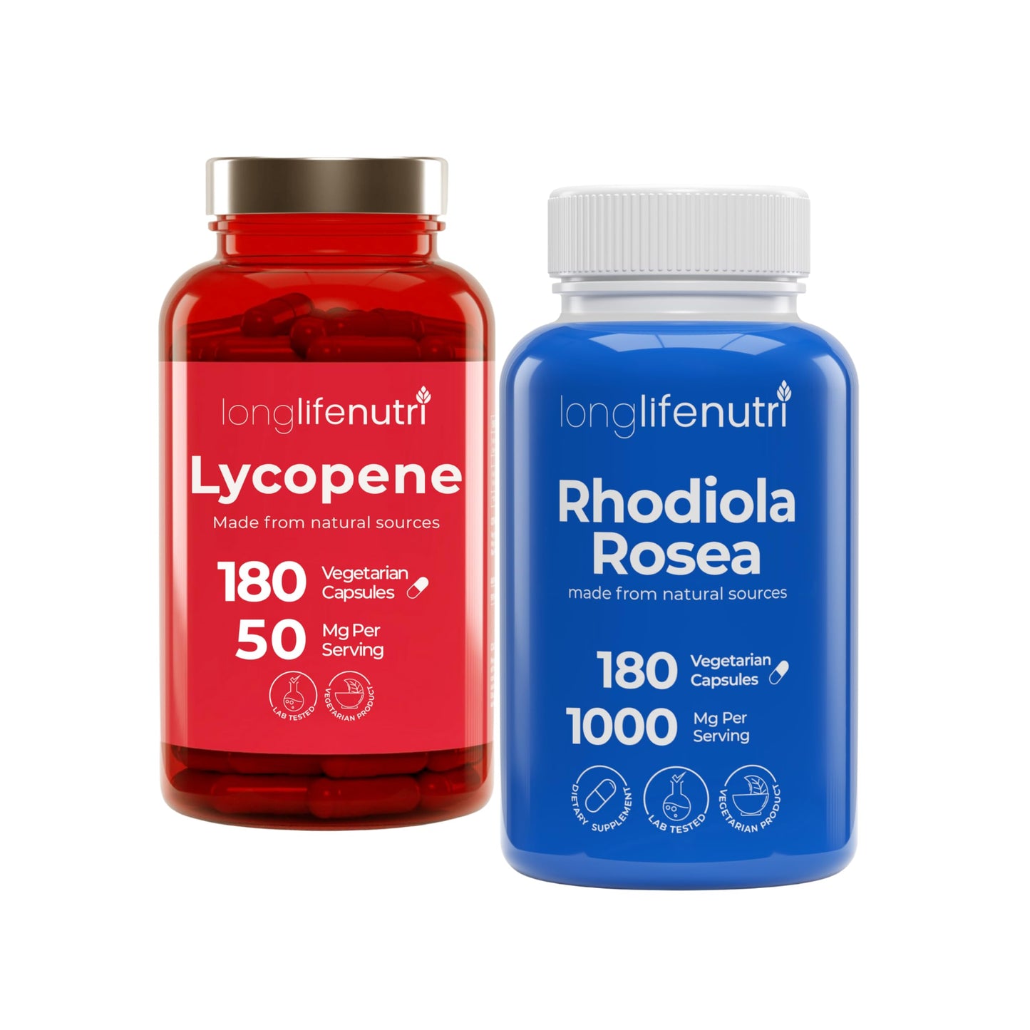 LongLifeNutri Lycopene 50 mg + Rhodiola Rosea 1000 mg Bundle Vegetarian Capsules, 360 Capsules