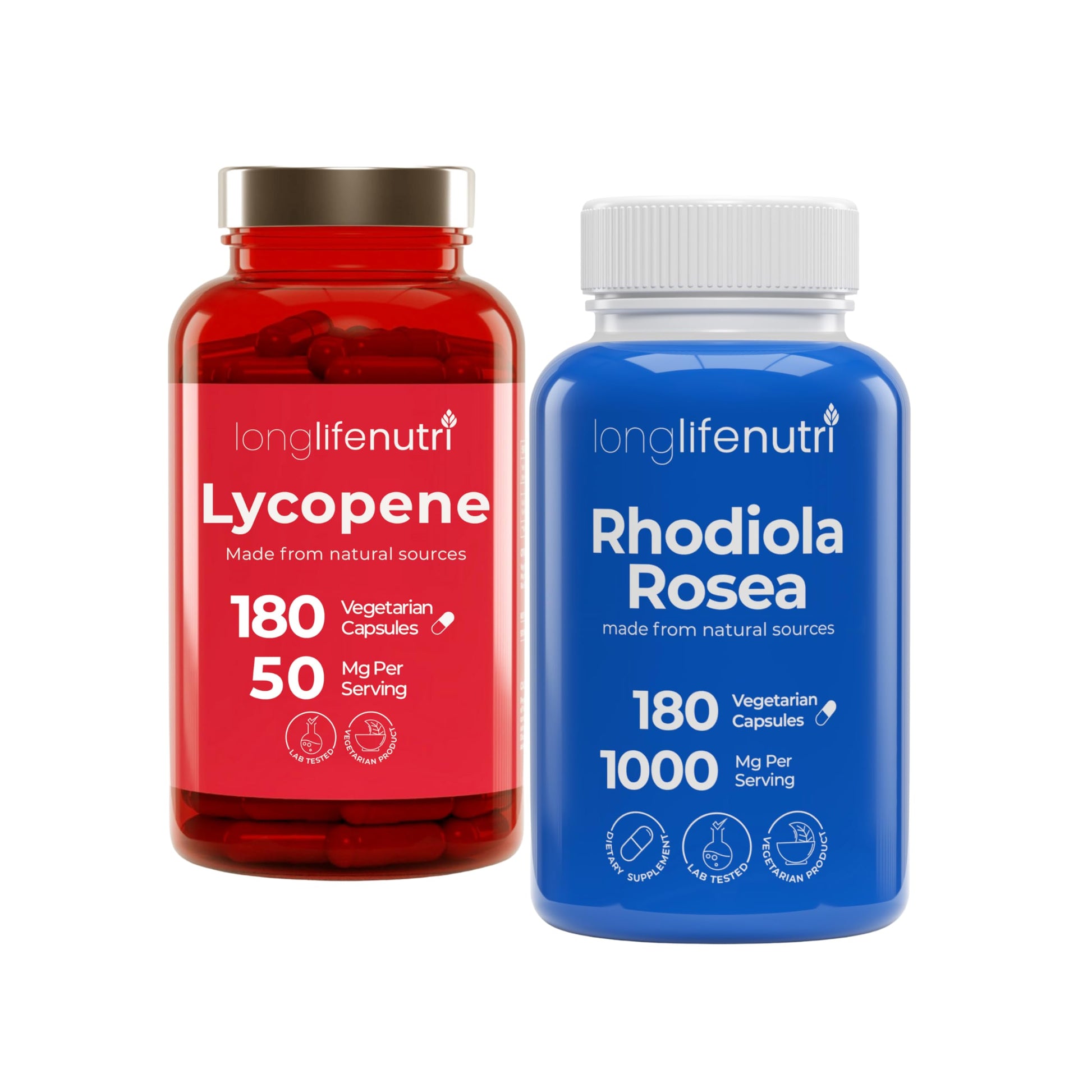 LongLifeNutri Lycopene 50 mg + Rhodiola Rosea 1000 mg Bundle Vegetarian Capsules, 360 Capsules