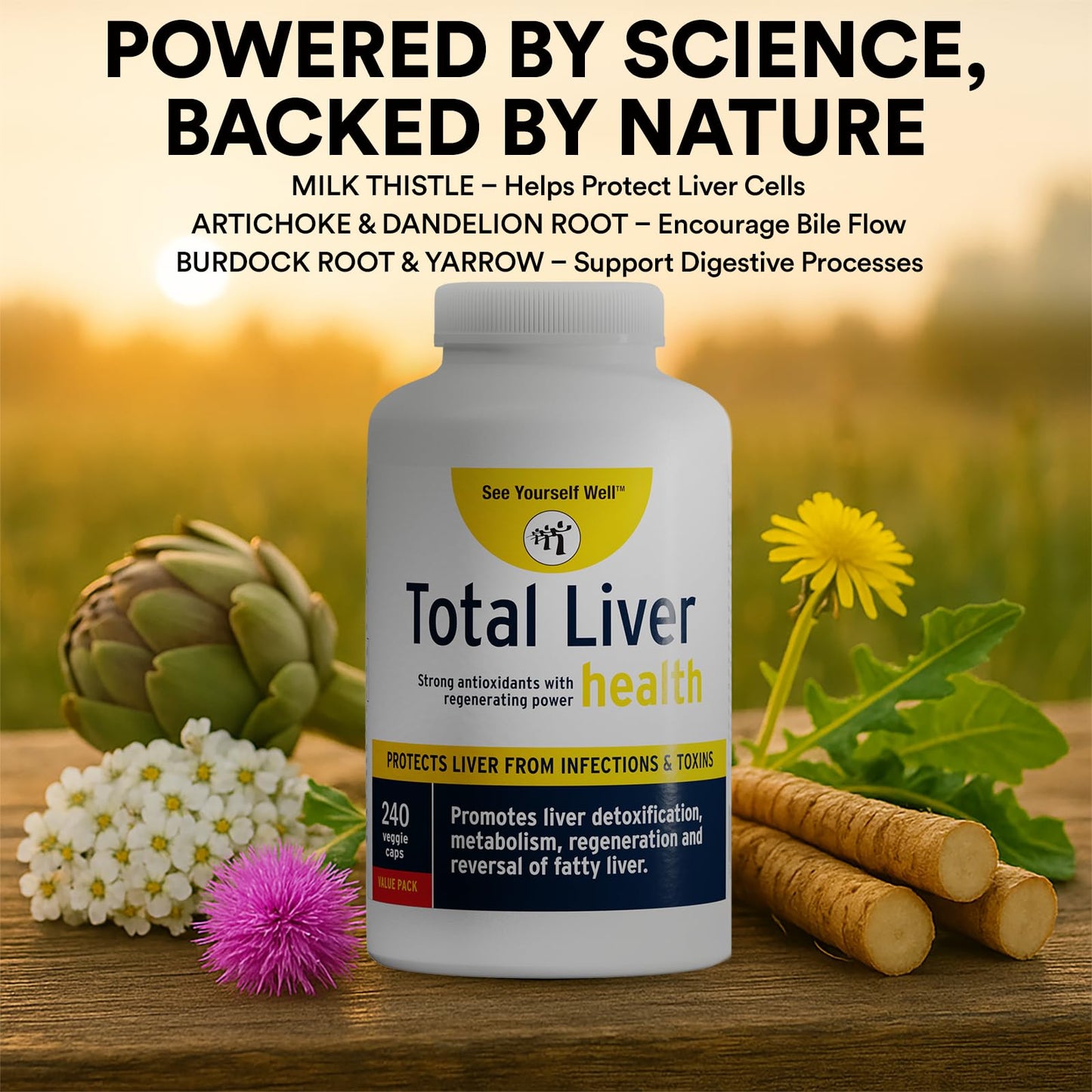 See Yourself Well Total Liver Health Supplement with Milk Thistle, Dandelion Root, Yarrow, Burdock Root, and Artichoke, 240 Vegan Capsules