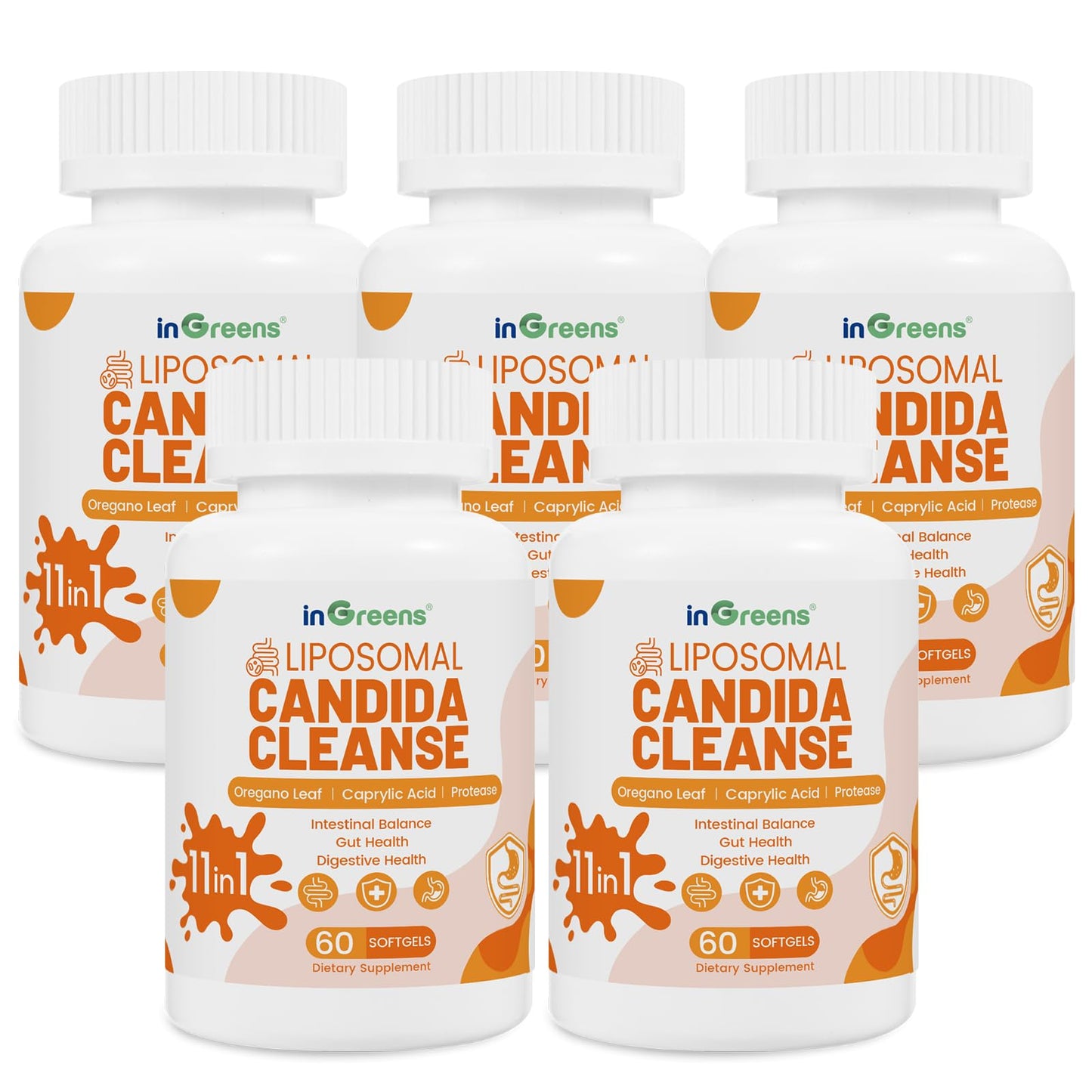 inGreens 11-in-1 Candida Support Supplement, Antifungal Overgrowth, Intestinal Detox & Gut Health for Women & Men, Balance Probiotic, Natural Herbal Oregano & Caprylic Acid Softgels 300