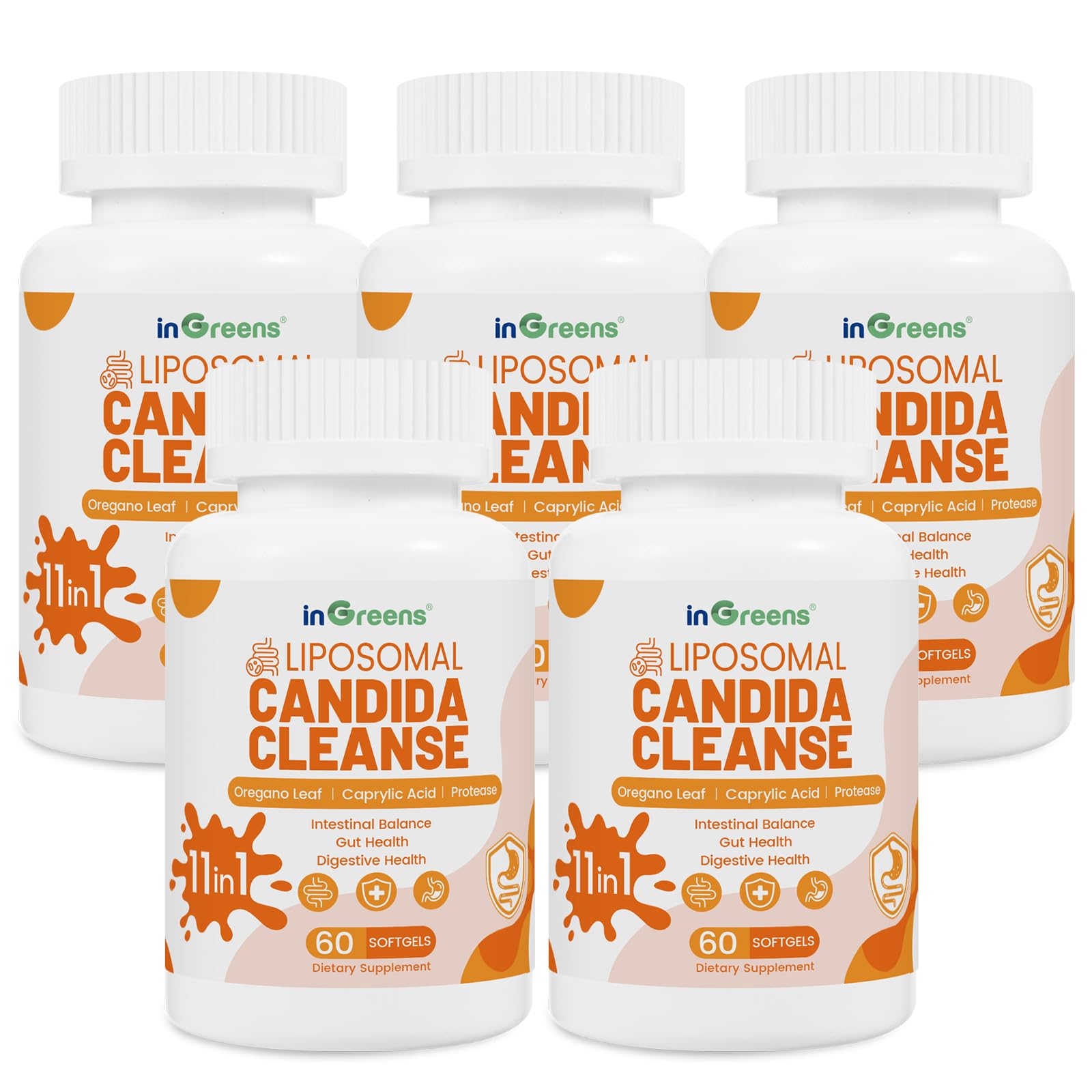 inGreens 11-in-1 Candida Support Supplement, Antifungal Overgrowth, Intestinal Detox & Gut Health for Women & Men, Balance Probiotic, Natural Herbal Oregano & Caprylic Acid Softgels 300