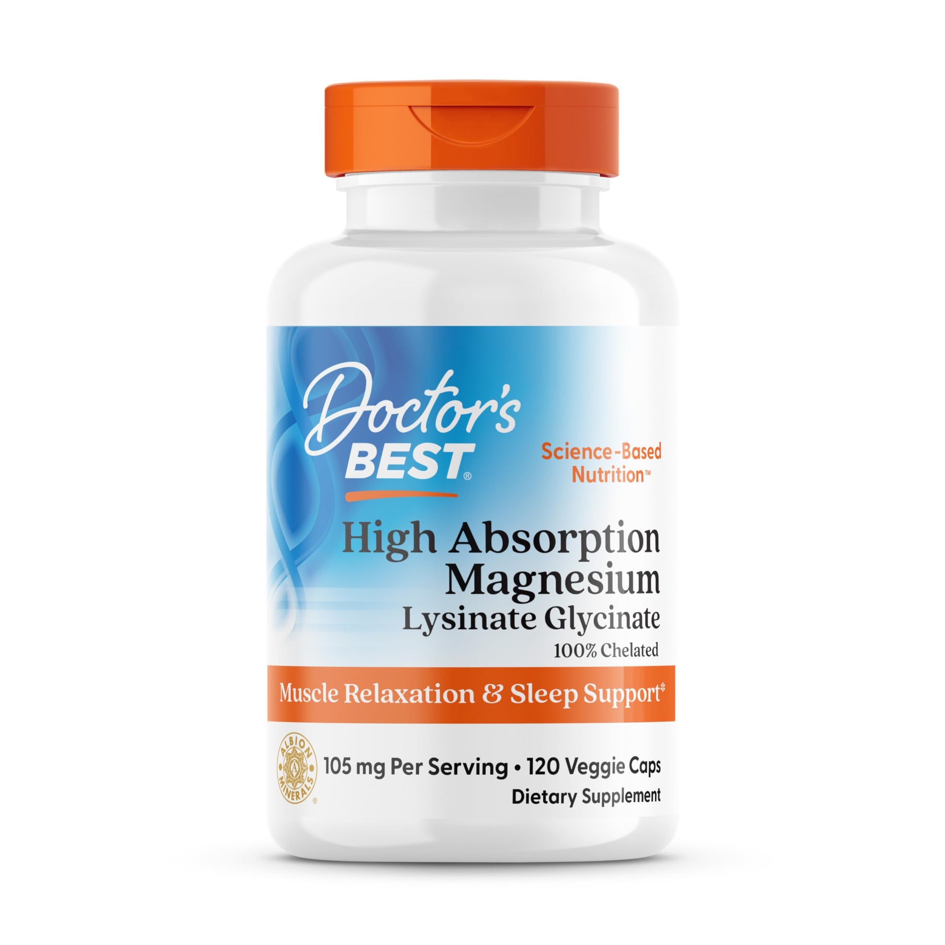 Doctor's Best High Absorption Magnesium Glycinate Lysinate for Sleep Support Capsules, 120 Veg Caps