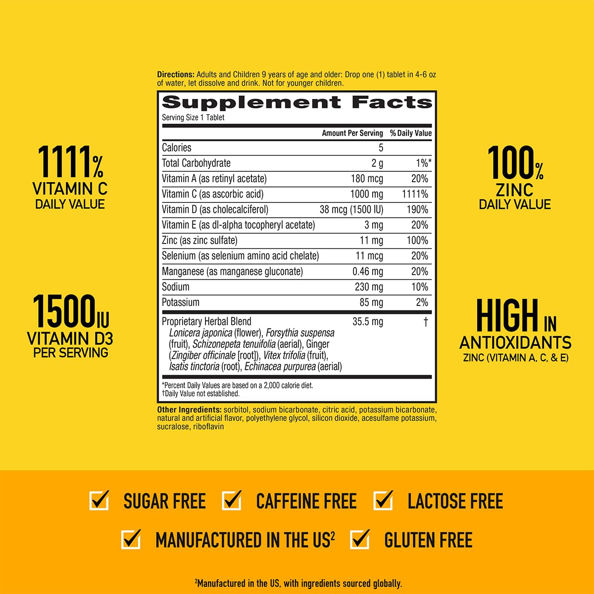 Airborne 1000mg Vitamin C + Zinc Sugar Free Multivitamin Immune Support Tablets, 30 Tablets