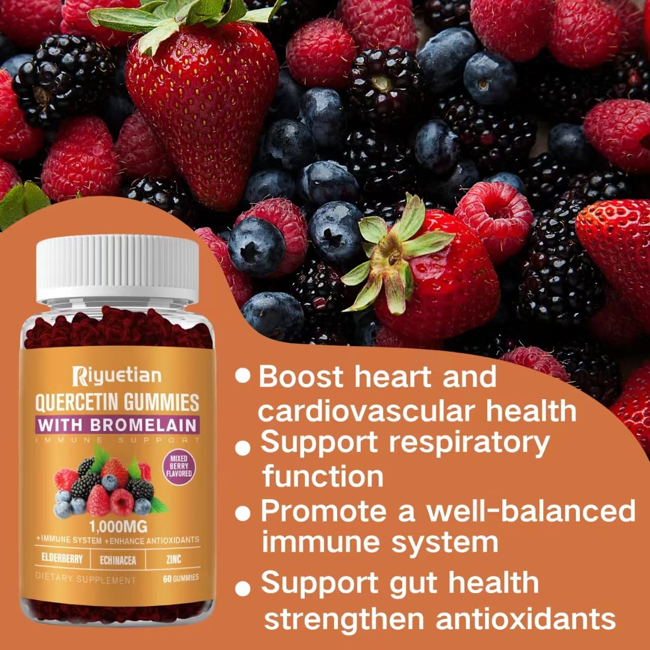 Riyuetian Quercetin with Bromelain, Zinc & Vitamin C Gummy 60 Count