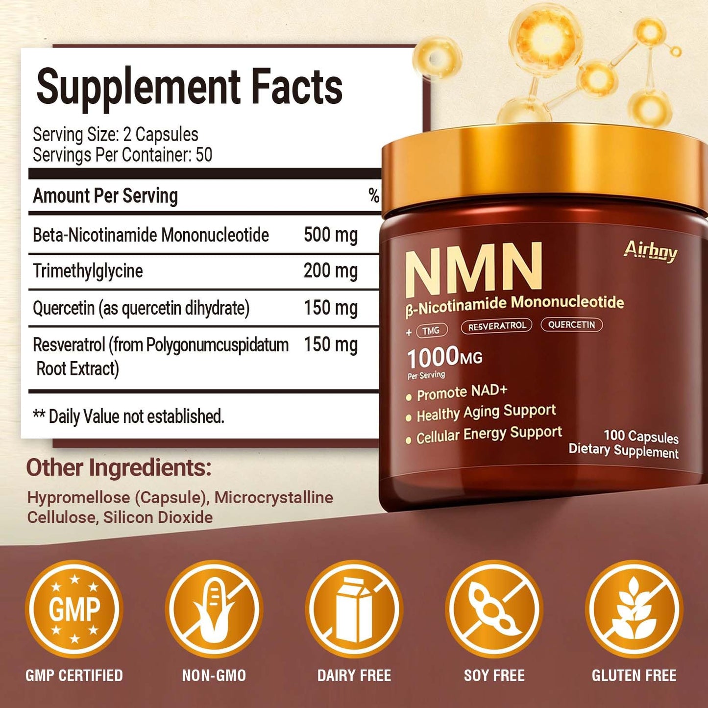 Airboy NMN Supplement 1000mg, 4-in-1 NAD+ Supplement with Nicotinamide Mononucleotide, Resveratrol, TMG, Quercetin Capsule 100 Count