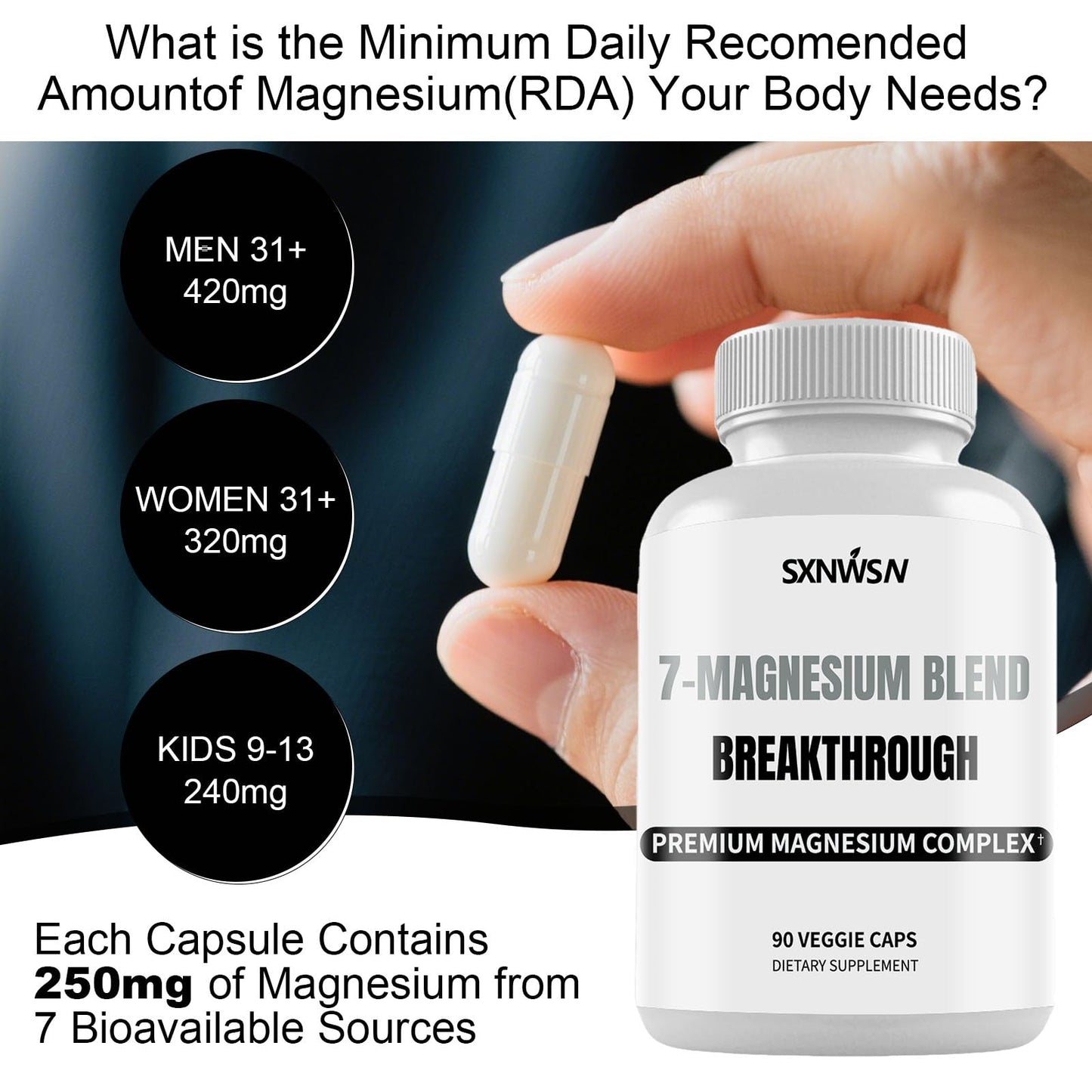 SXNWSN Magnesium Glycinate Supplement with Vitamin B6 & Manganese Citrate, 7 Type Magnesium Complex - Support Restful Sleep, Muscle Relaxation, Heart Health and Metabolism, 90 Capsules