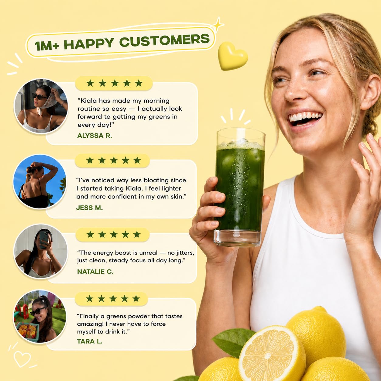 Kiala Nutrition Super Greens Organic Greens Powder with Spirulina & Chlorella, Lemon Drop, 30 Servings